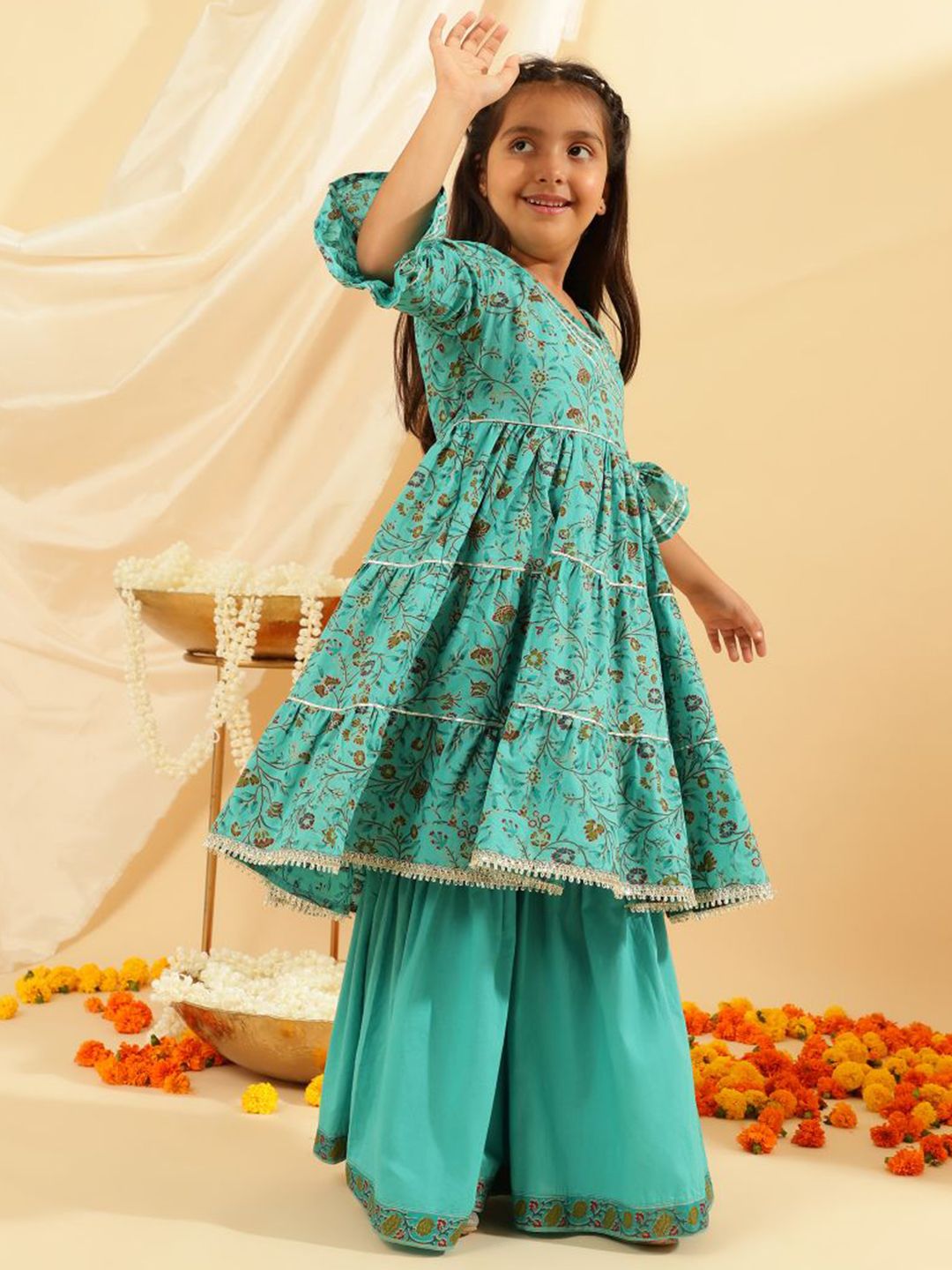 Sangria Girls Floral Printed Pure Cotton Anarkali Kurta With Sharara-picture-16