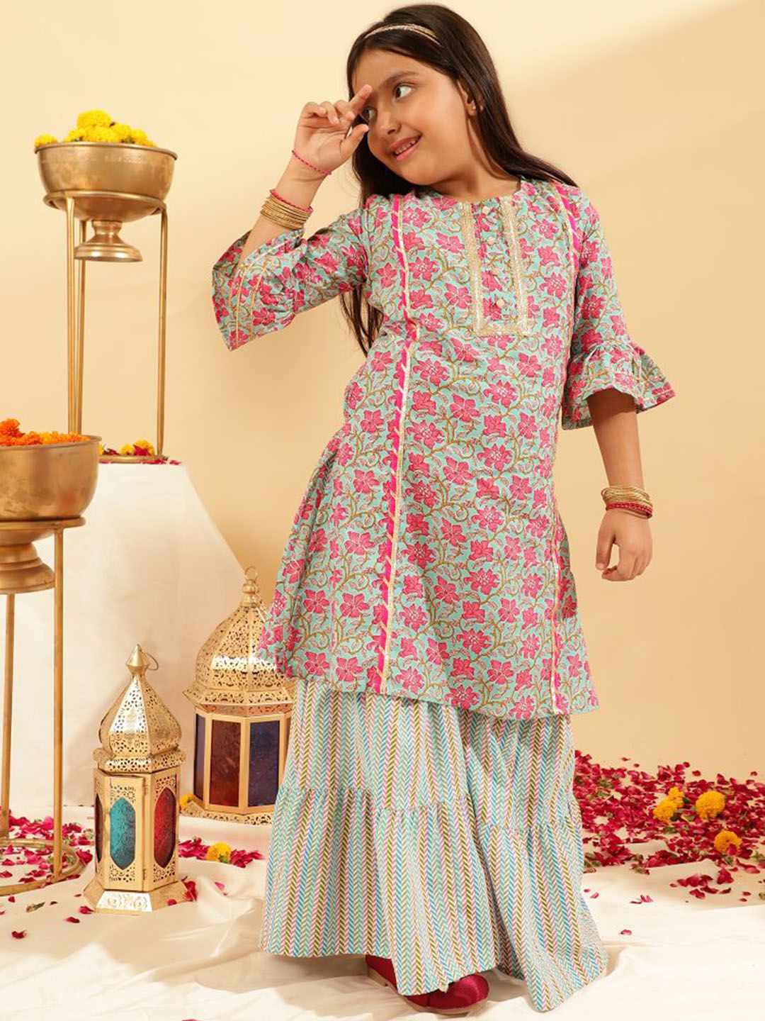 Sangria Girls Floral Printed Pure Cotton Gotta Patti A-Line Kurta With Sharara-picture-21