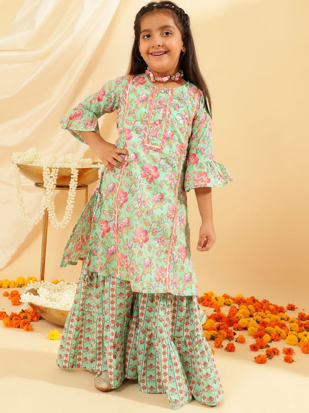 Sangria Girls Floral Printed Pure Cotton A-Line Kurta With Sharara-picture-15