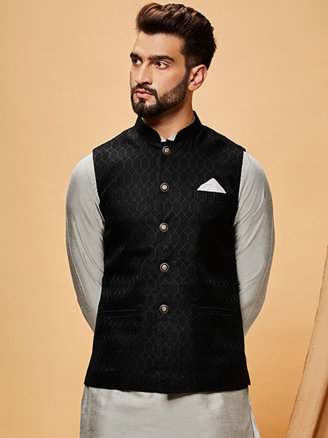 KISAH Woven Design Nehru Jacket With Pocket Square - Price History