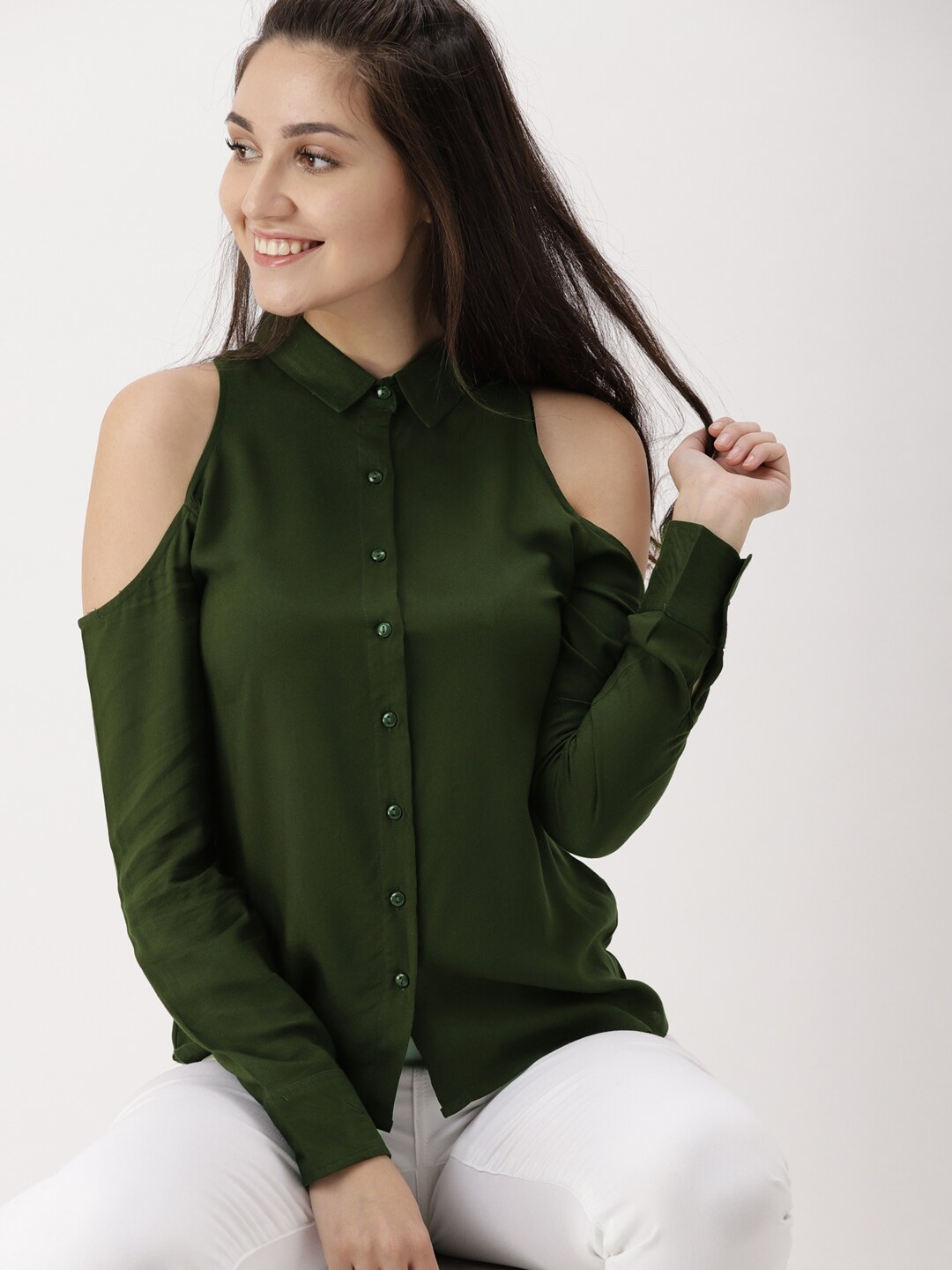 DressBerry Women Olive Green Regular Fit Solid Off-shoulder Casual Shirt