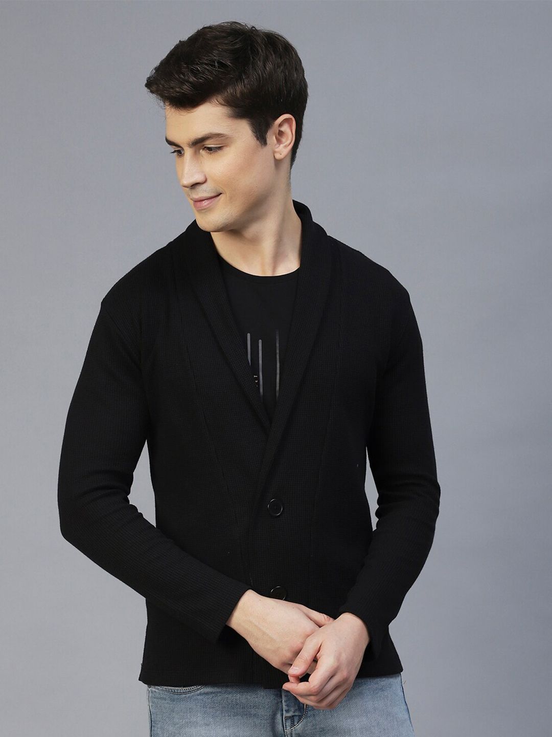 Rigo Shawl Collar Knitted Cotton Single-Breasted Blazer-image-35