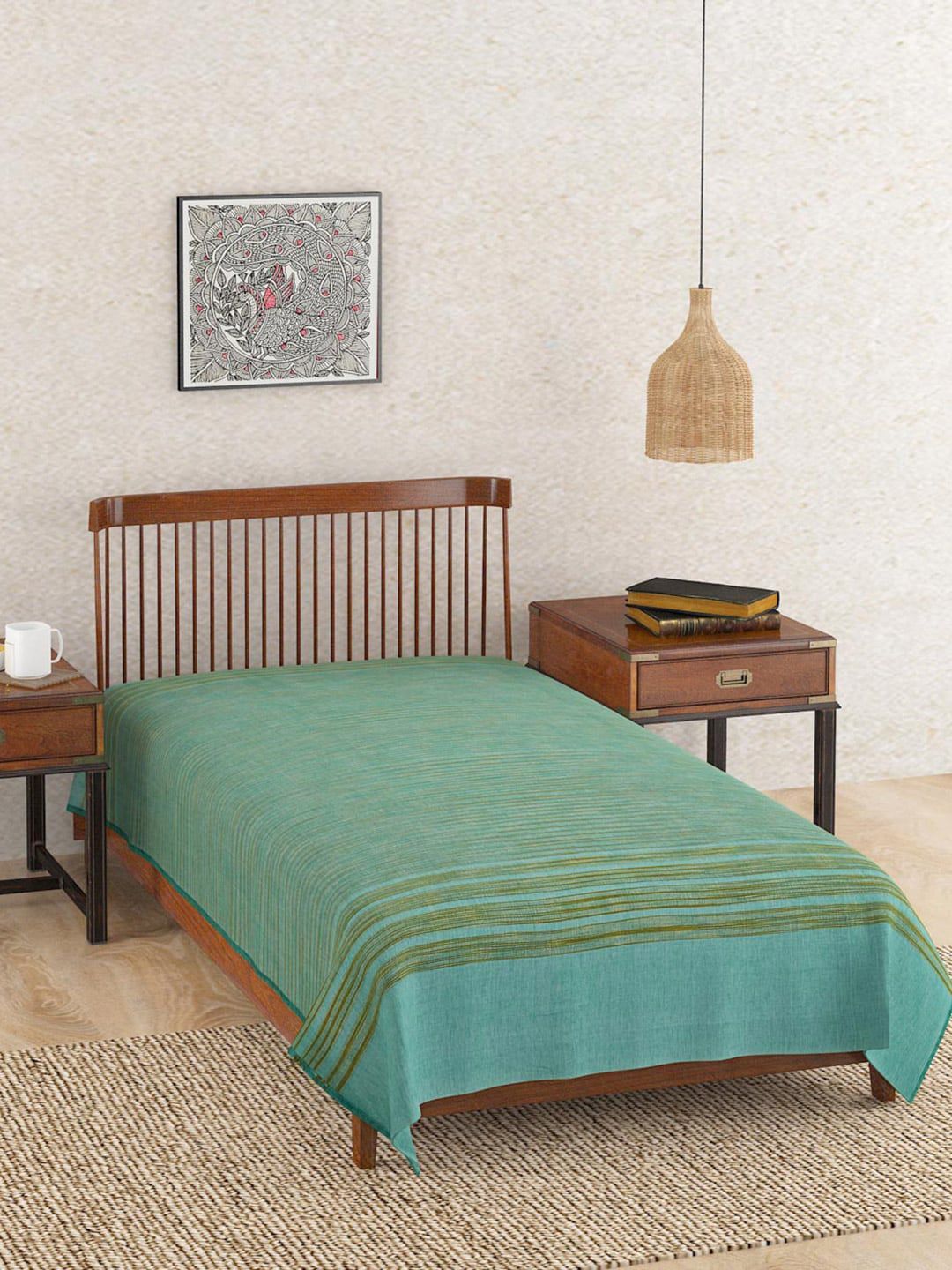 Fabindia Teal-Green Cotton Single Bed Cover-image-15