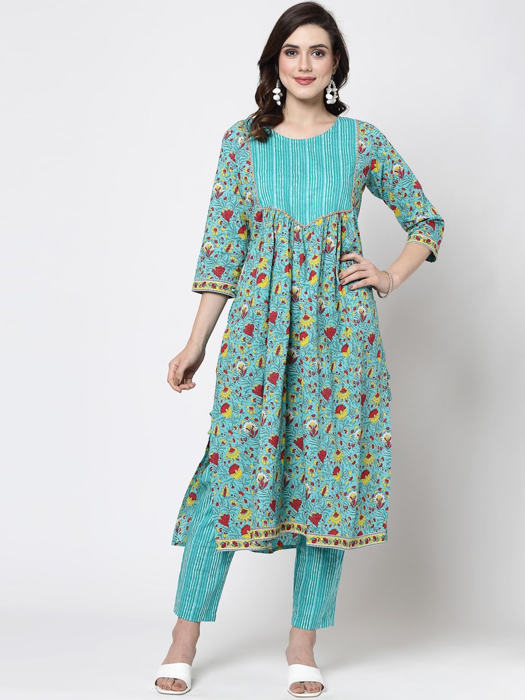 KALINI Floral Printed Empire Zari Kurta with Trousers-image-9