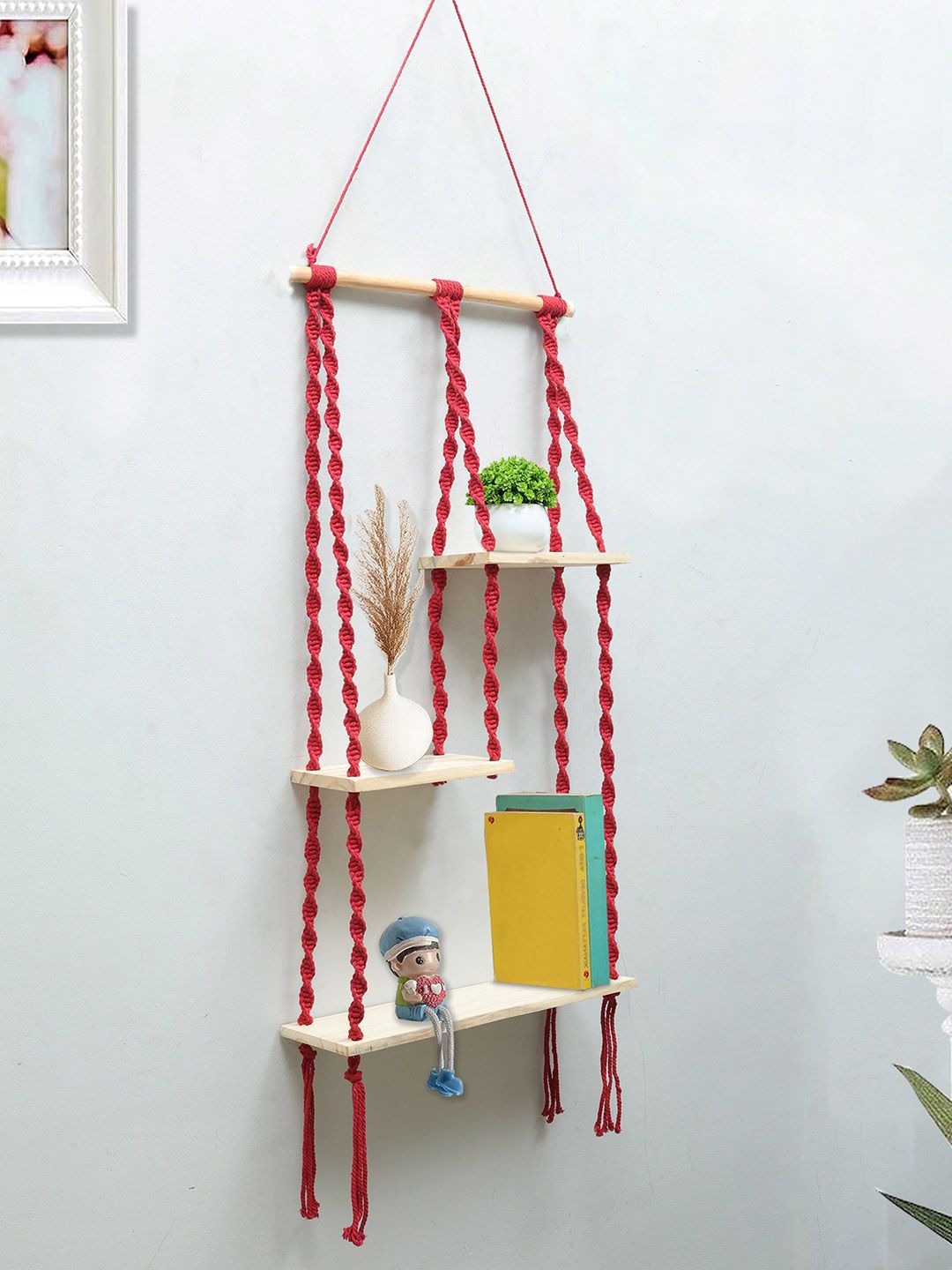 Homesake Red Macrame Hanging Wall Shelf With Attached 3-Tier Floating Wooden Planks-picture-35