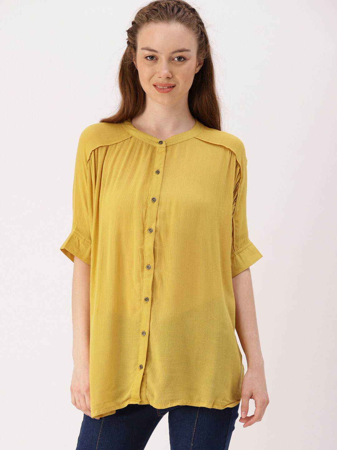 DressBerry Women Mustard Yellow Solid Shirt Style Top