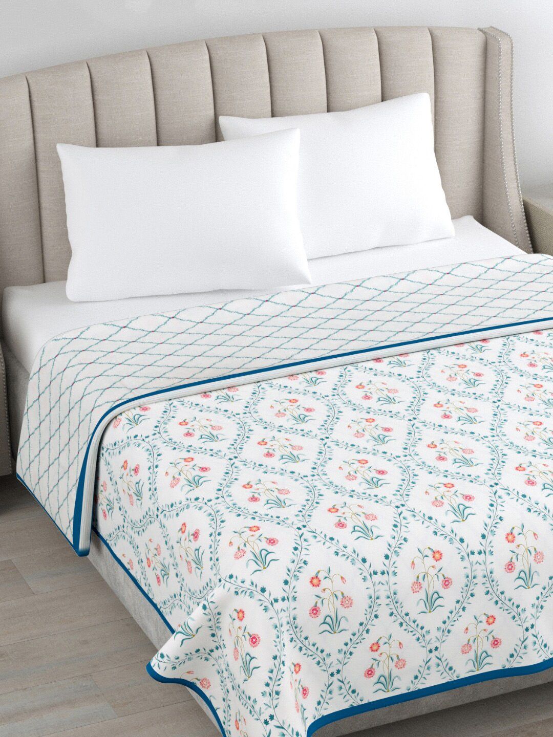 haus & kinder Blue & White Floral Cotton AC Room 300 GSM Reversible Single Bed Dohar