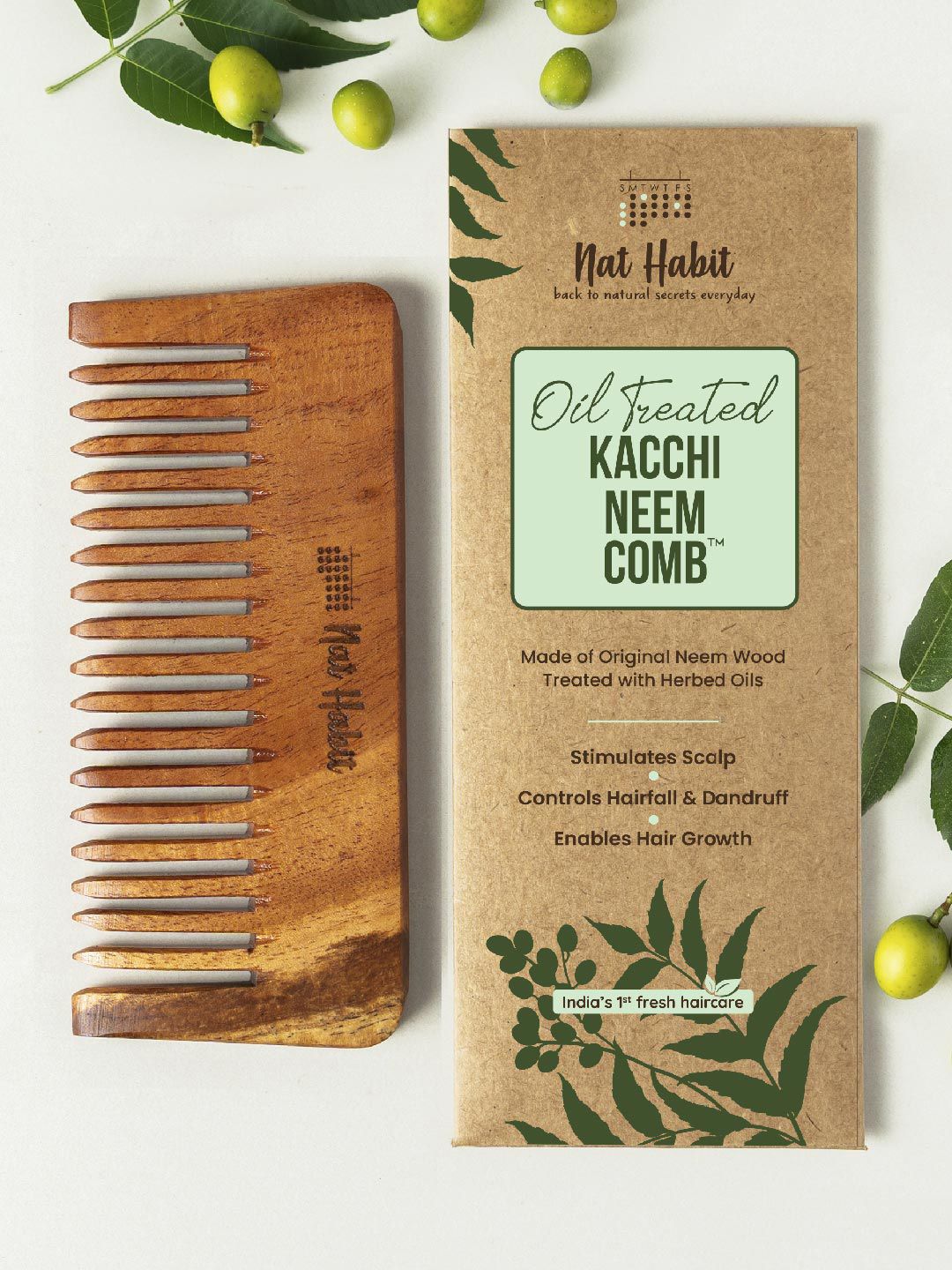 Nat Habit Kacchi Oil Treated Neem Wooden Wide Tooth Comb - 30g