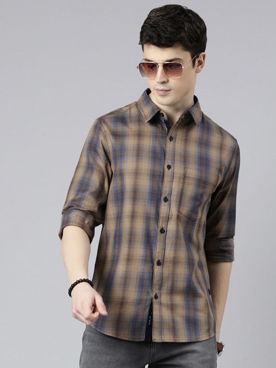 The Roadster Lifestyle Co. Checked Slim-Fit Pure Cotton Casual Shirt