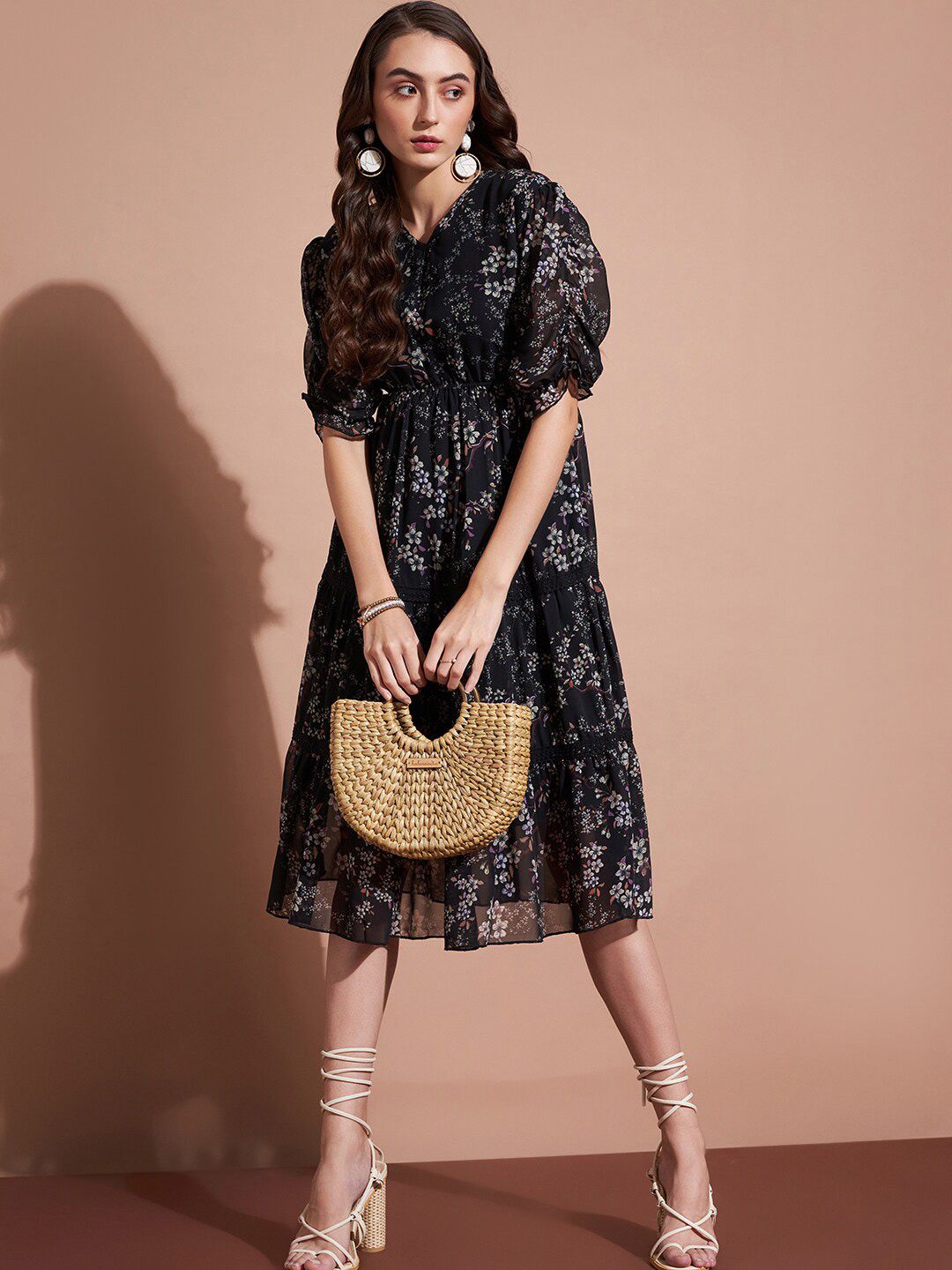 Buy DressBerry Black Floral Print Georgette Fit & Flare Midi Dress -  Dresses for Women 25231640 | Myntra