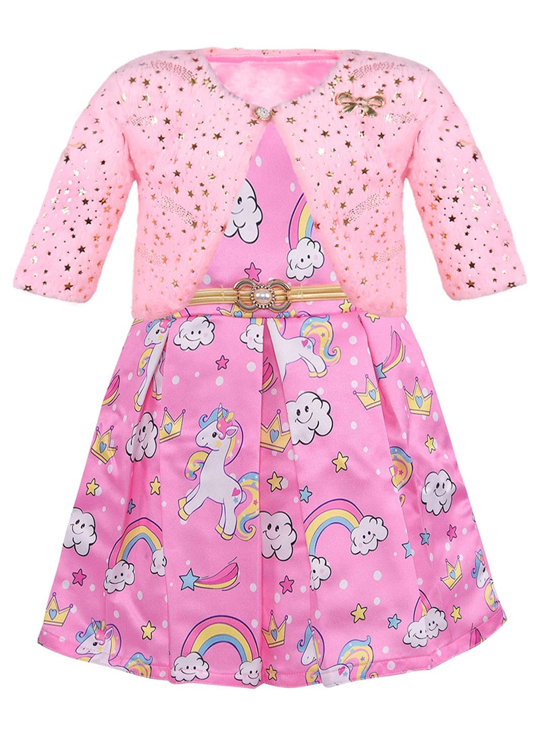 Wish Karo Girls Graphic Printed Round Neck Gathered Silk A-Line Dress With Jacket-picture-57