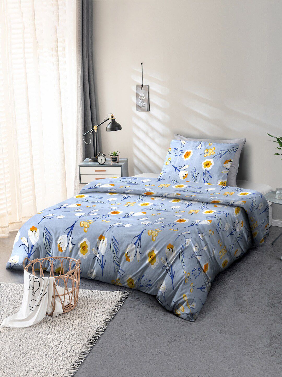 Cortina Blue & Yellow Floral 110 TC Single Bedsheet with 1 Pillow Cover-image-29