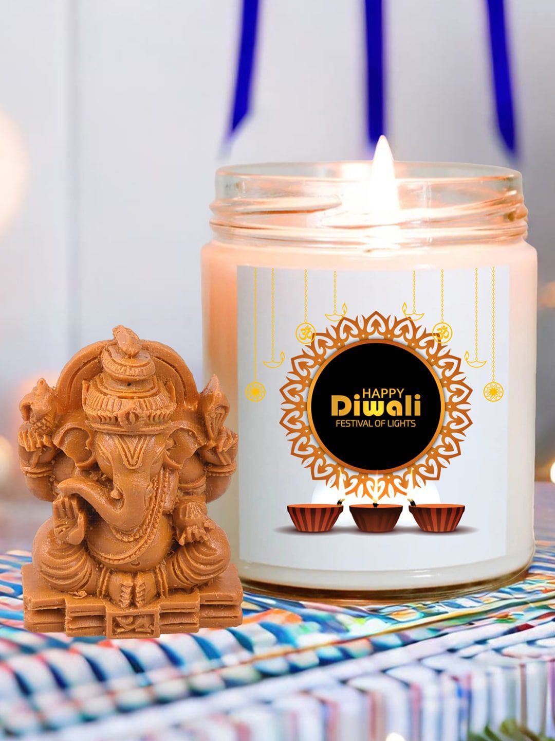 Aromatic Fables White & Brown Rose Scented Glass Jar Candle With Ganesha Idol-400g-image-20