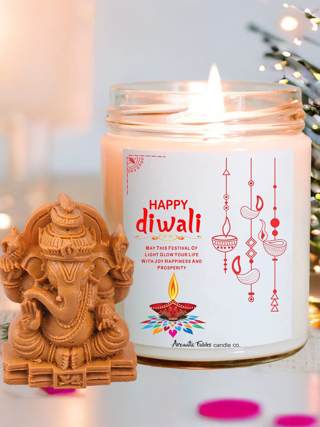 Aromatic Fables White & Brown Musk Scented Glass Jar Candle With Ganesha Idol-400g-image-30