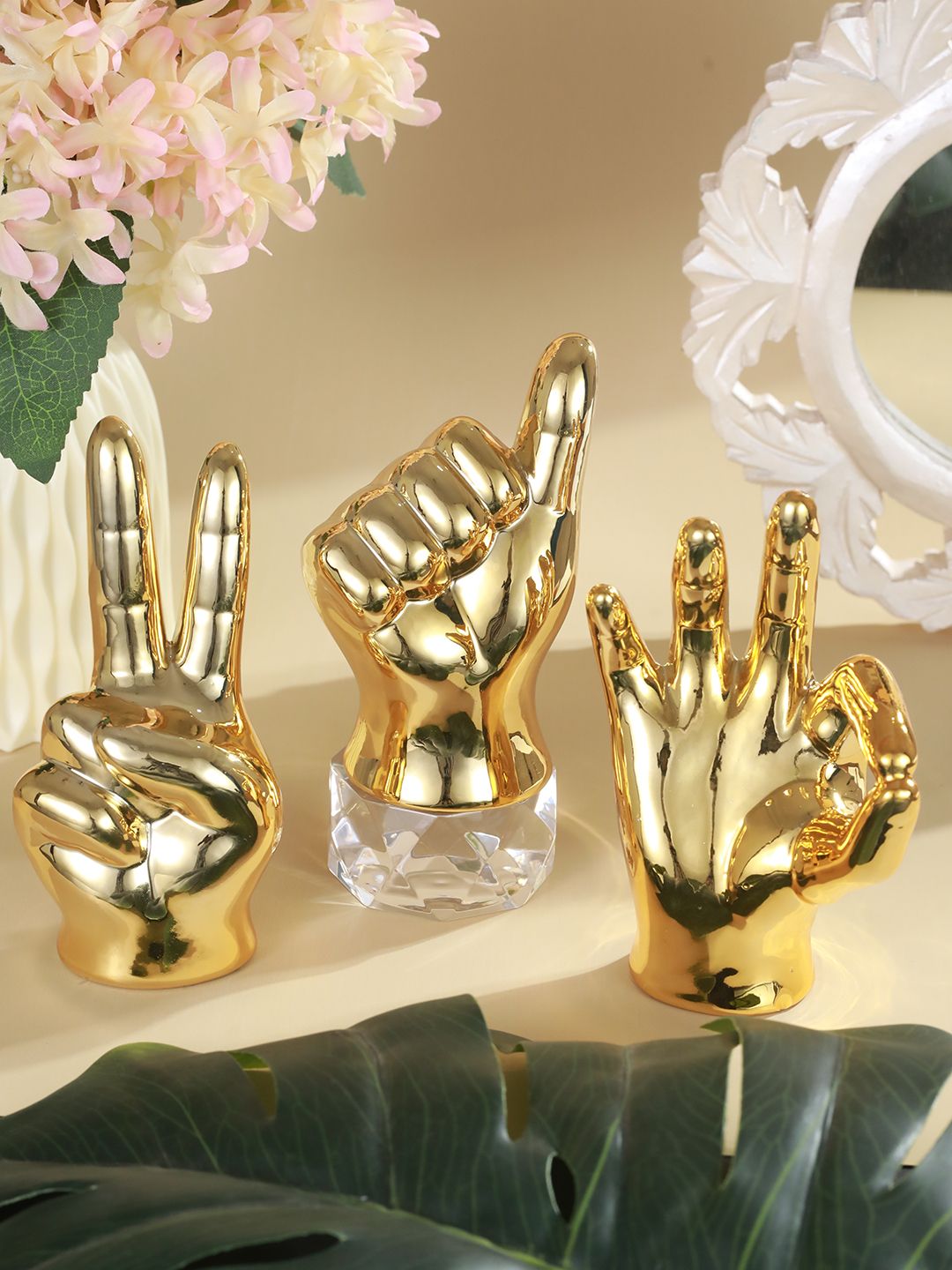TIED RIBBONS Gold-Toned 3 Pieces Hand Sign Ceramic Showpieces