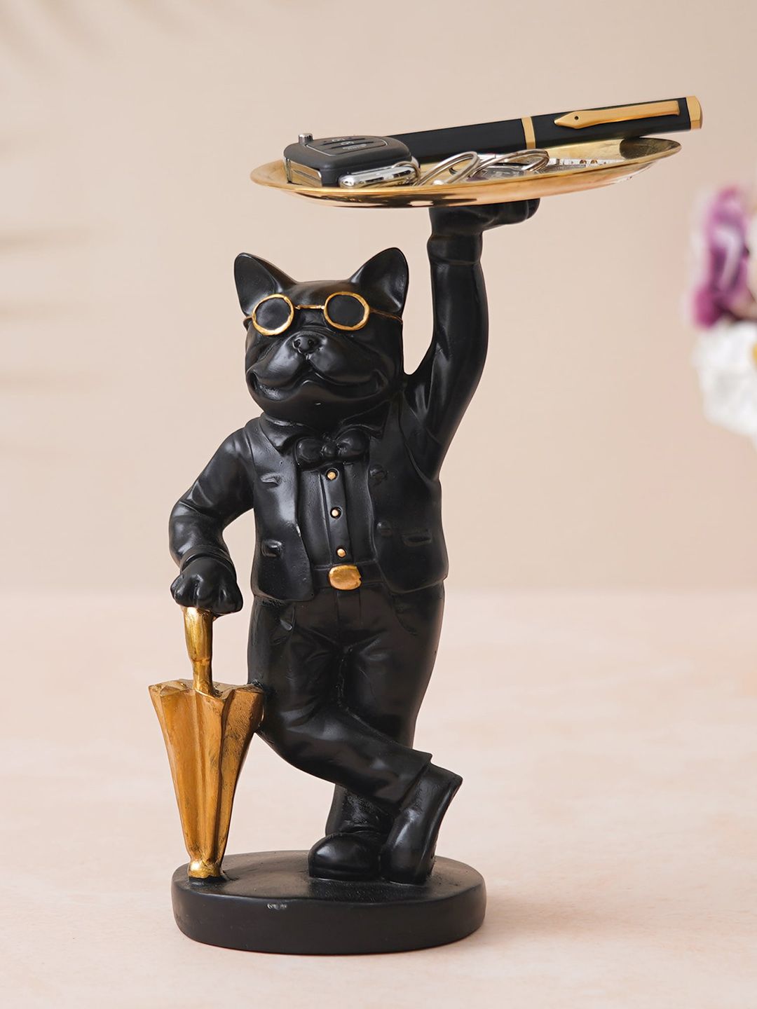 artisyn eCraftIndia Black Cat Statue In Formal Dress Sunglasses & Umbrella Animal Showpiece-picture-26