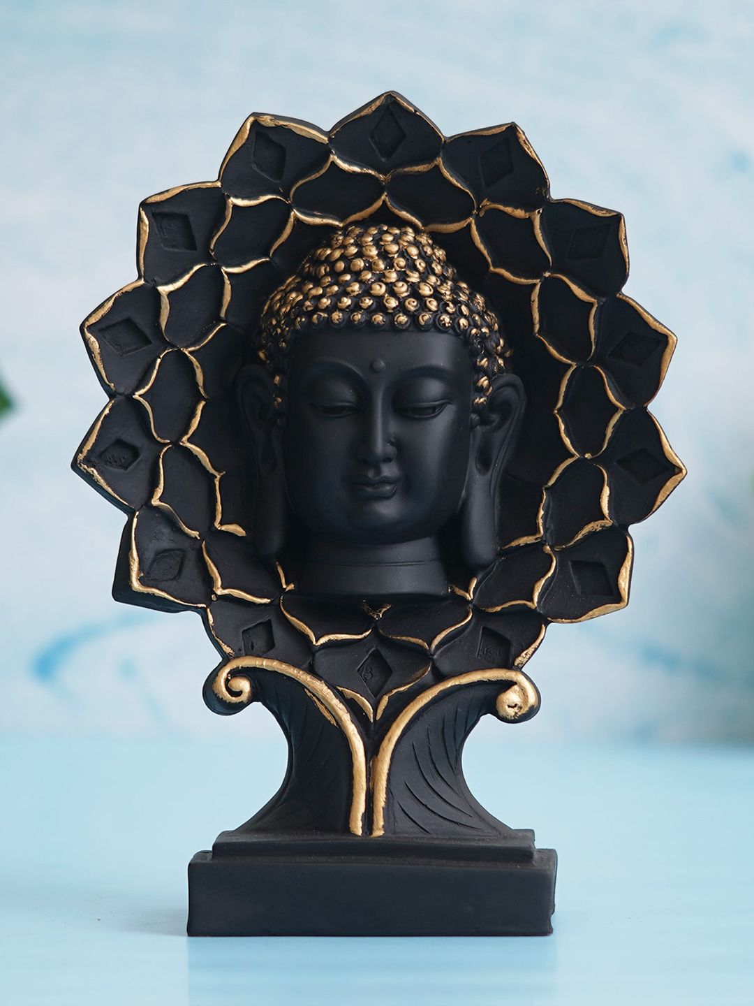 artisyn eCraftIndia Black Polyresin Lord Buddha Face Statue On Lotus With Stand Showpiece-picture-14
