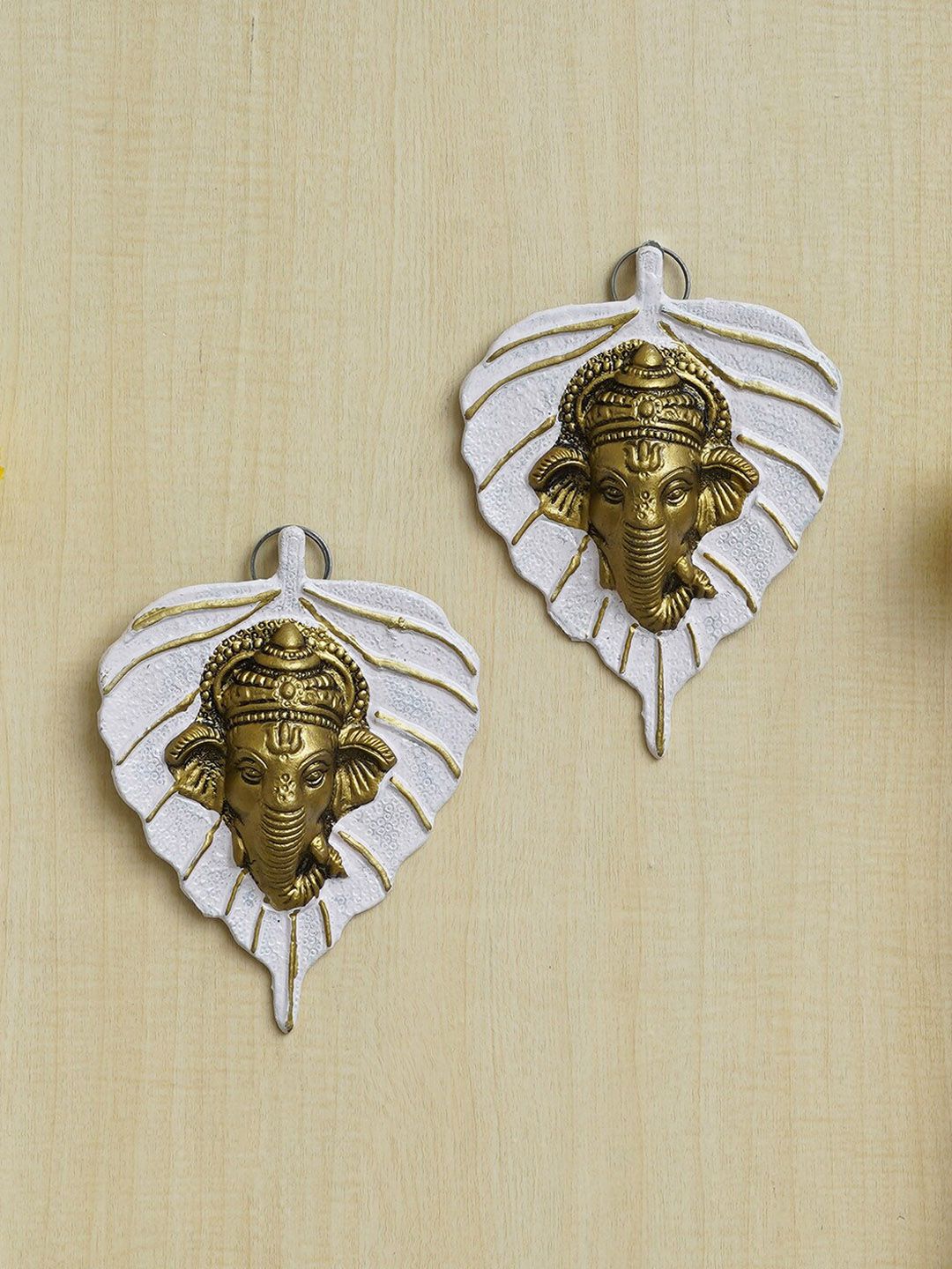 eCraftIndia White & Gold Toned 2 Pieces Lord Ganesha Face On Peepal Leaf Wall Hangings-picture-11