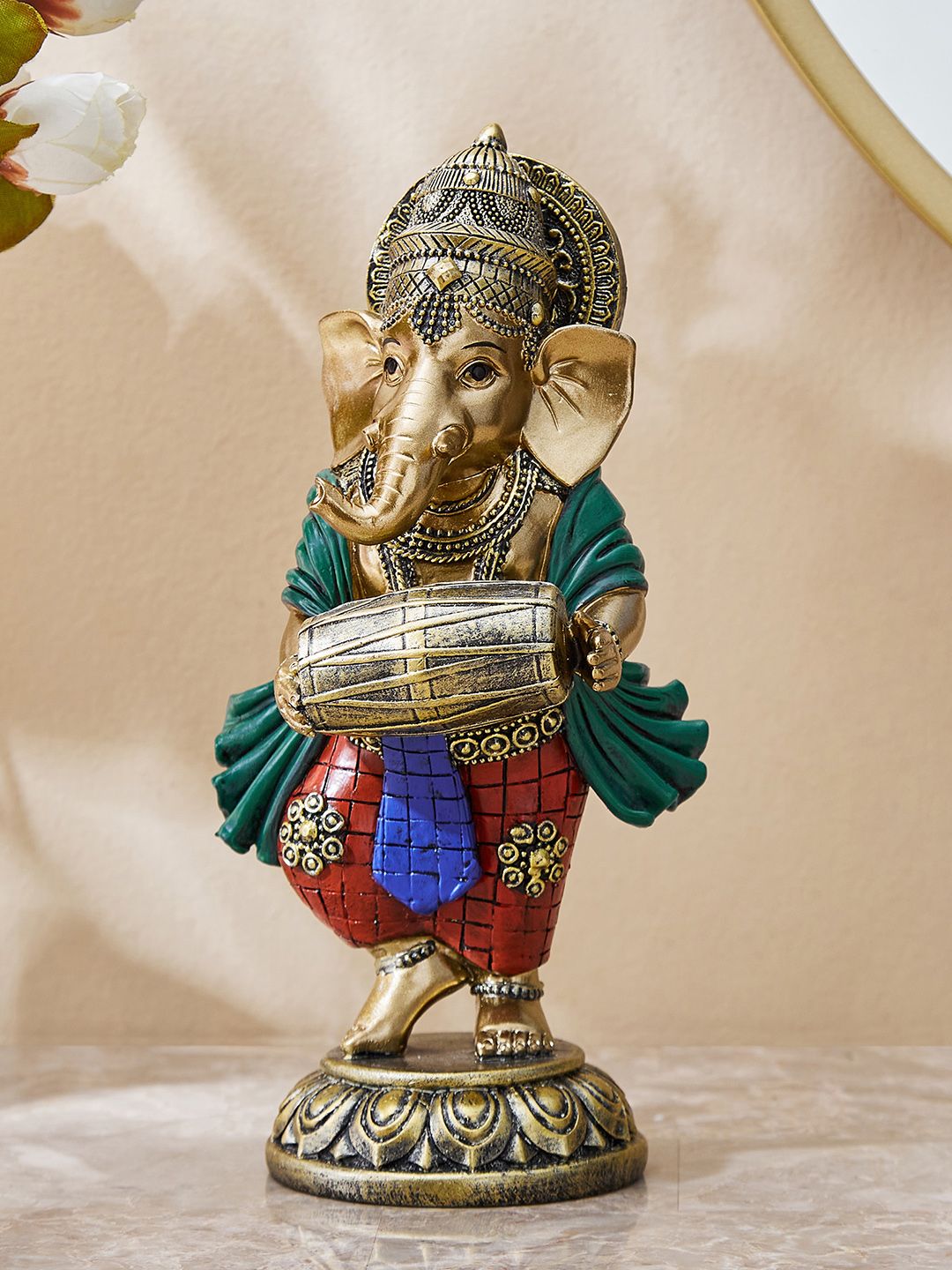 Home Centre Alpana Gold-Toned & Red Lord Ganesha with Dholak Figurine Showpiece-image-31