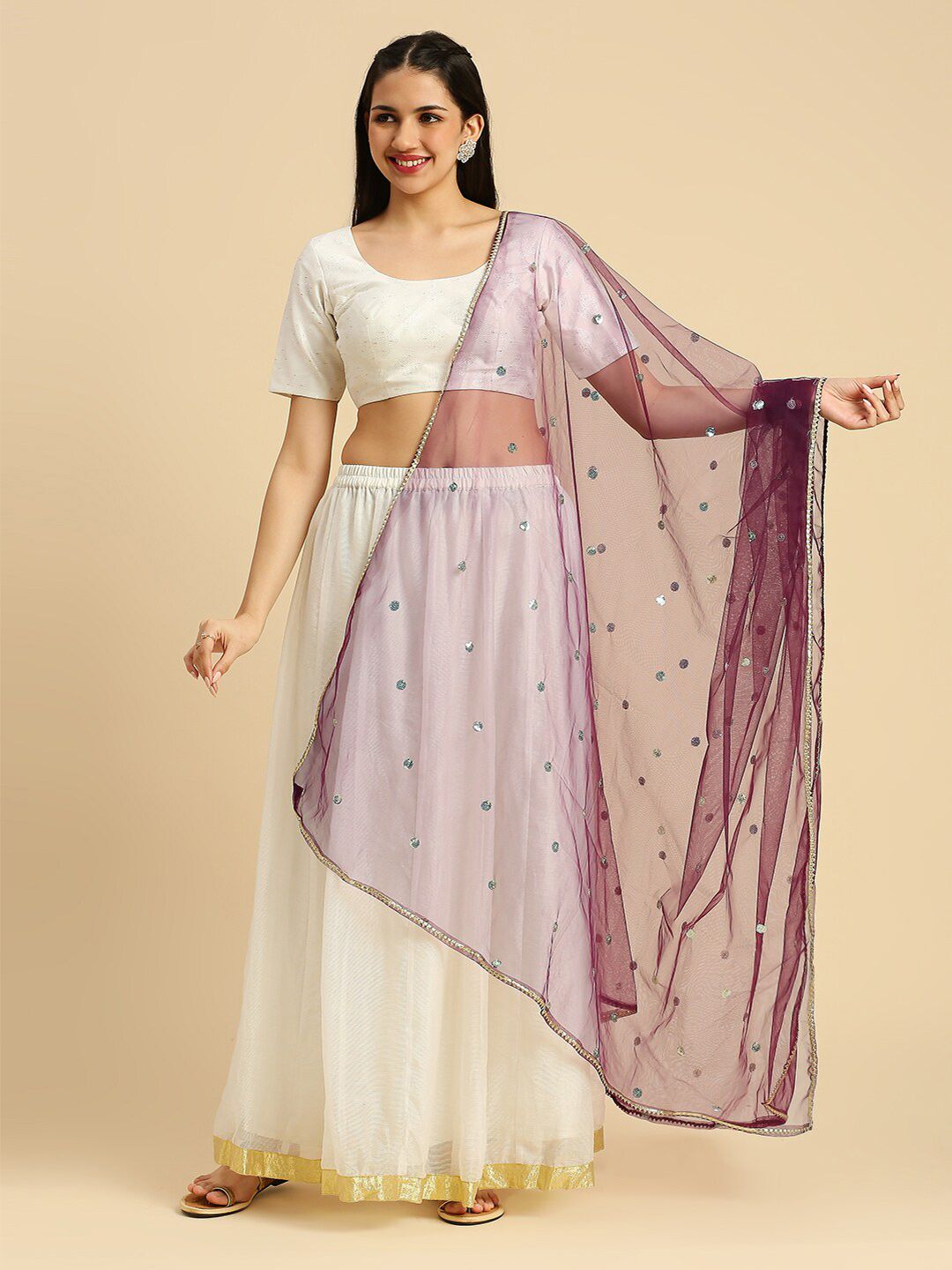 Dupatta Bazaar Polka Dots Embroidered Sequinned Net Dupatta-picture-28