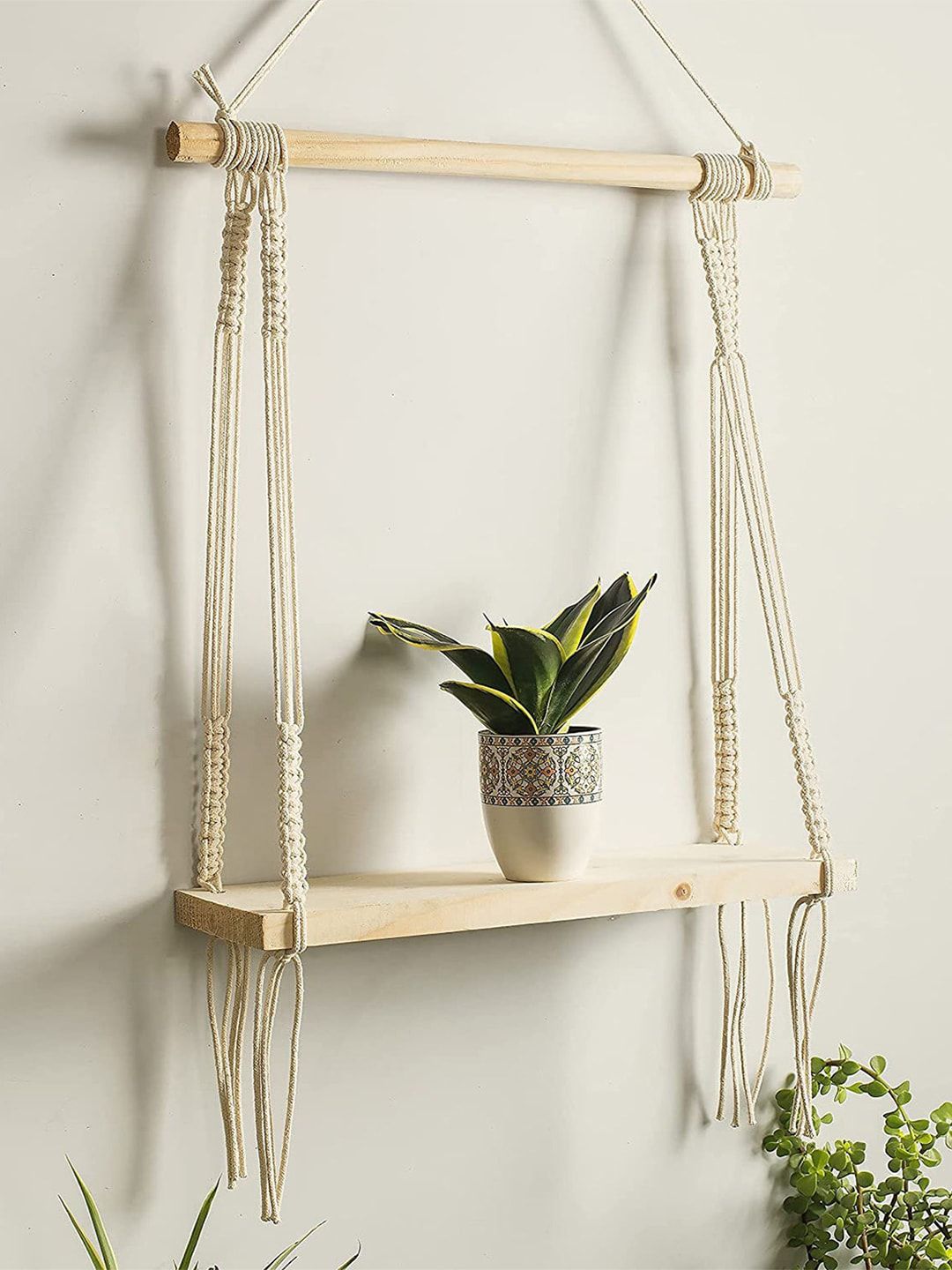 Kaahira Off White Macrame Hanging Wall Shelf With Attached 3-Tier Floating Wooden Planks-image-9