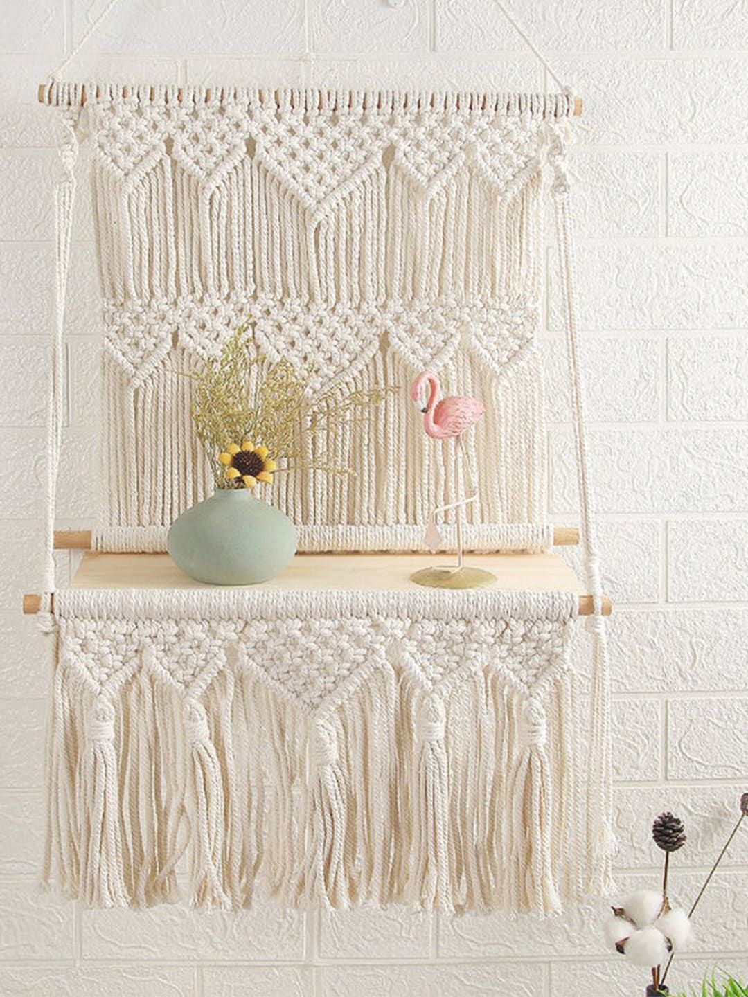 Kaahira Off White Bohmein Style Hanging Wall Shelf With Attached Wooden Plank-image-11