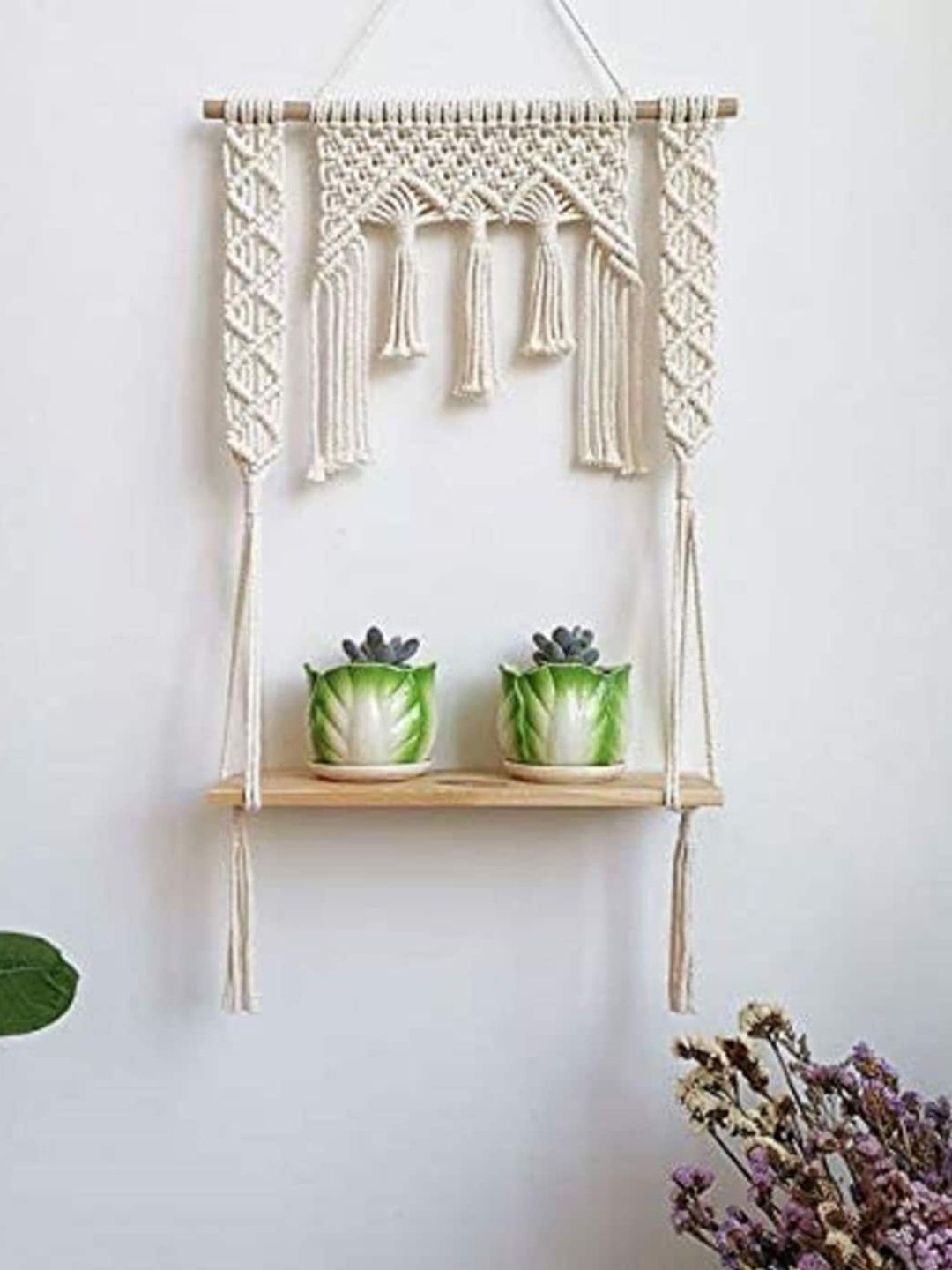 Kaahira Off White Macrame Hanging Wall Shelf With Attached 3-Tier Floating Wooden Planks-picture-45
