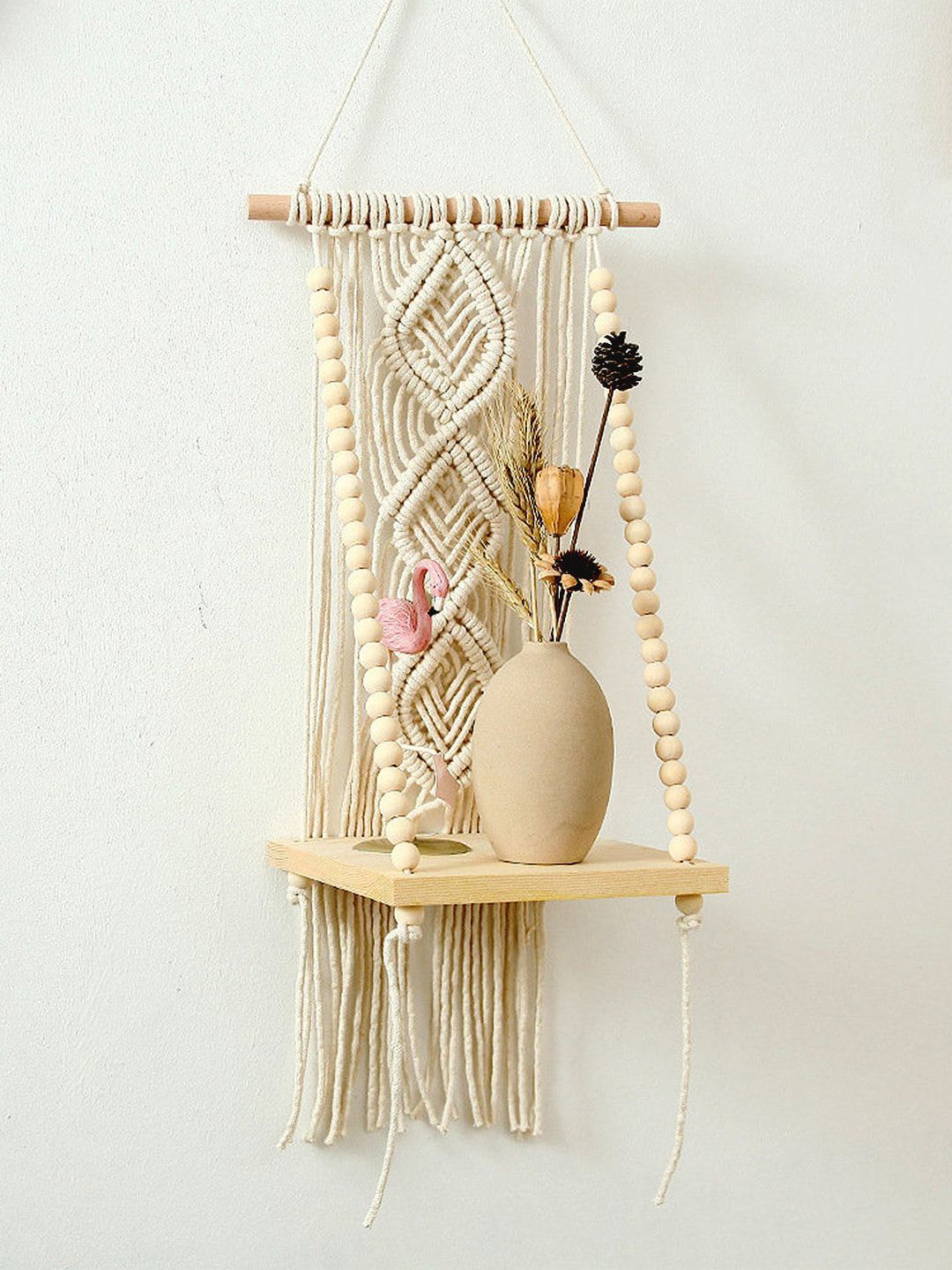 Kaahira Off White Macrame Hanging Wall Shelf With Attached 3-Tier Floating Wooden Planks-picture-44