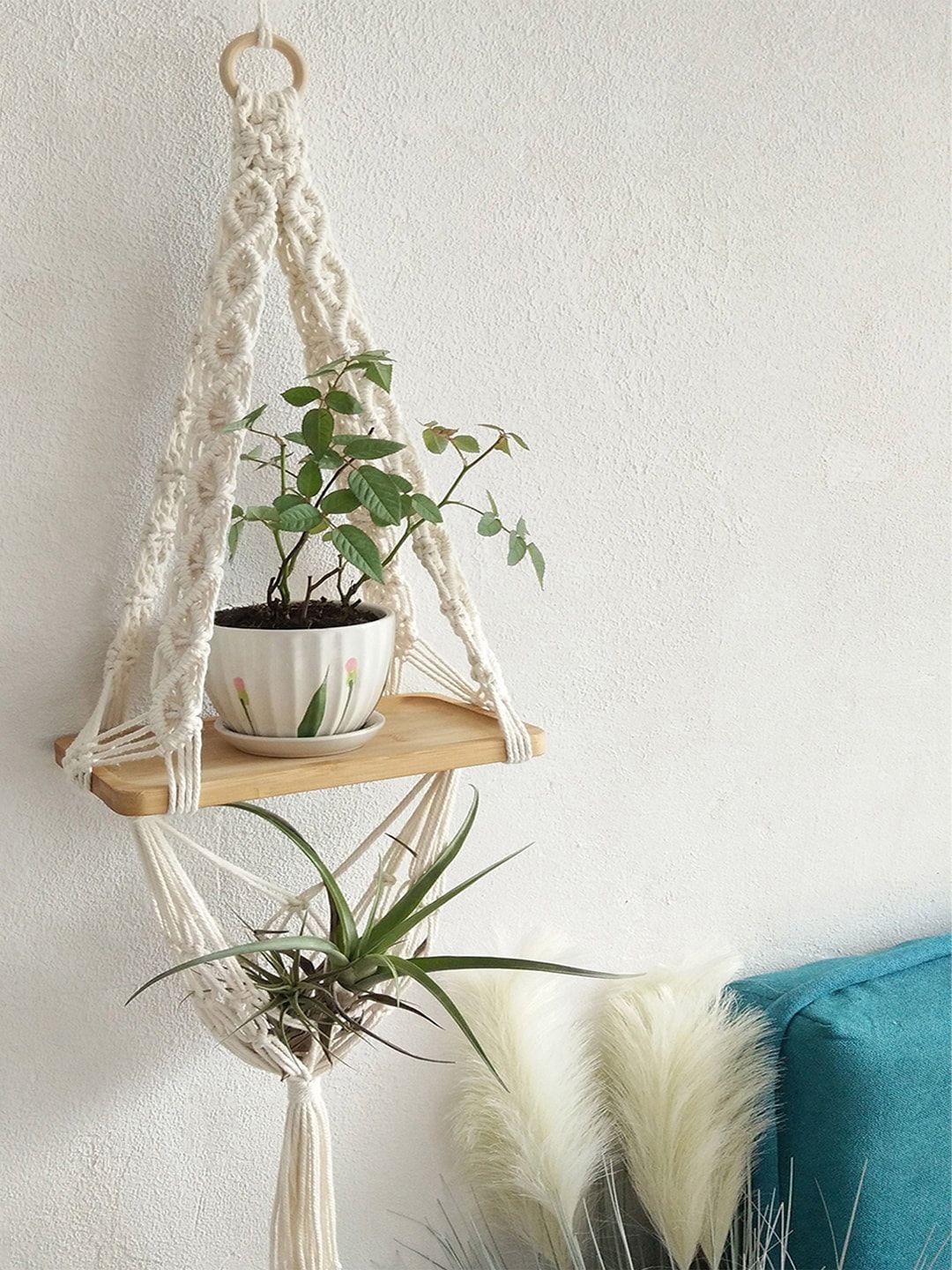Kaahira Off White Bohmein Style Macrame Hanging Wall Shelf With Attached Wooden Plank-image-8