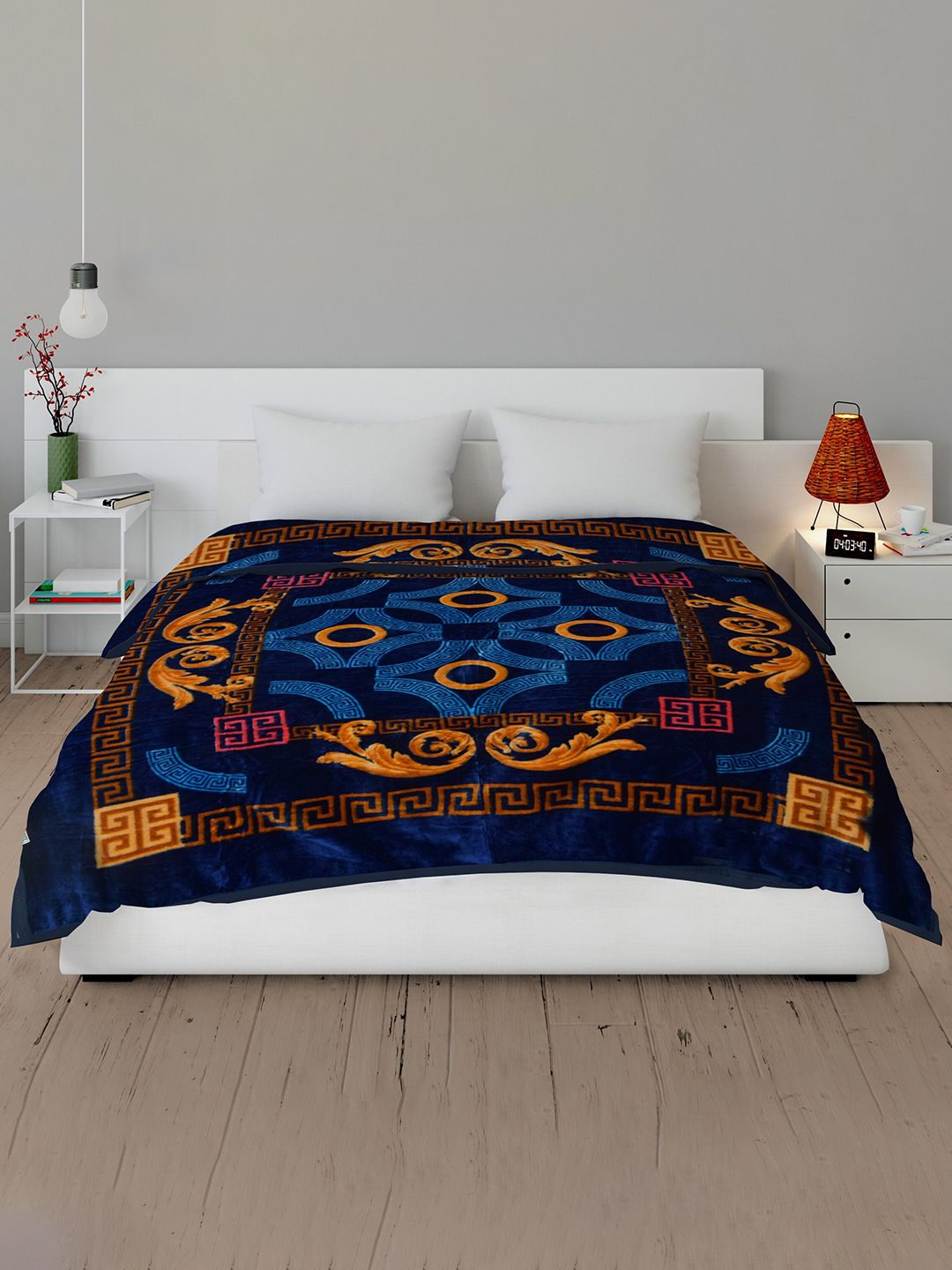 Spangle Blue & Yellow Ethnic Motifs Mink Heavy Winter 450 GSM Double Bed Blanket