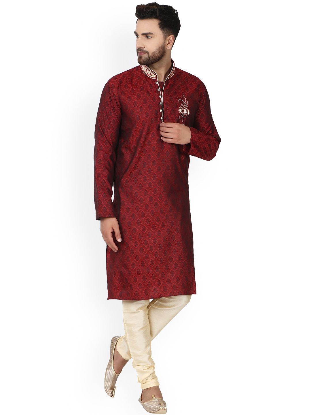Turquoise Blue Ethnic Woven Design Mandarin Collar Regular Kurta With Pyjamas