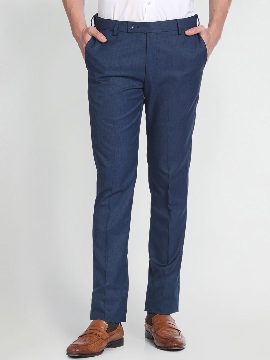 Arrow Men Slim Fit Mid-Rise Plain Patterned Dobby Autoflex Trousers-picture-37