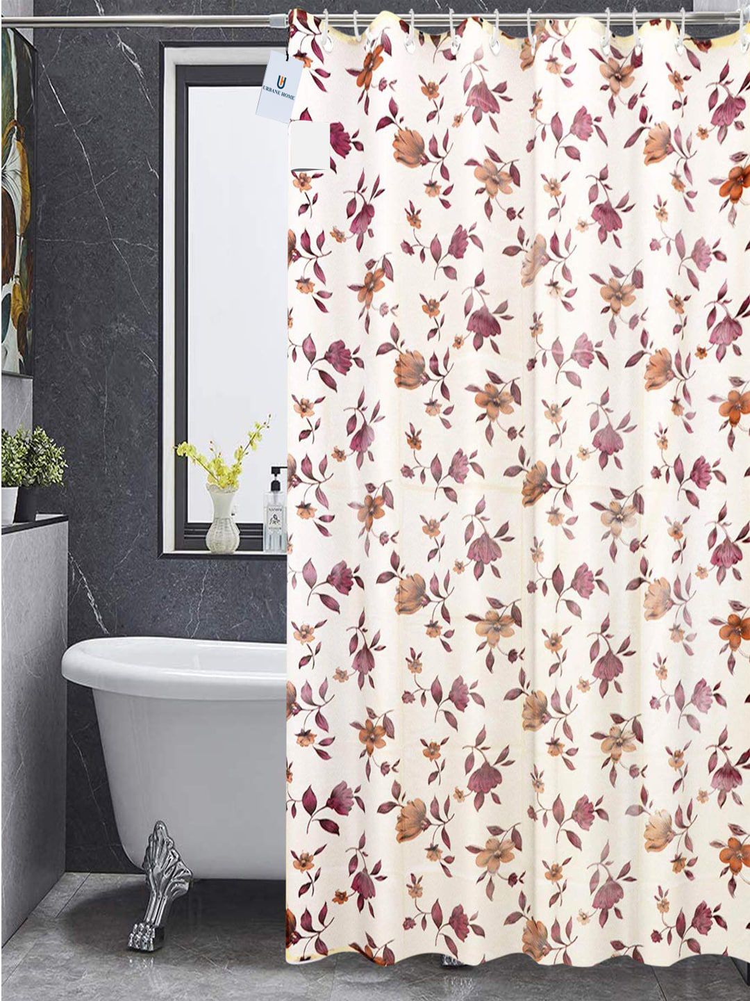 Kuber Industries Cream-Coloured & Purple Floral Printed Shower Curtains