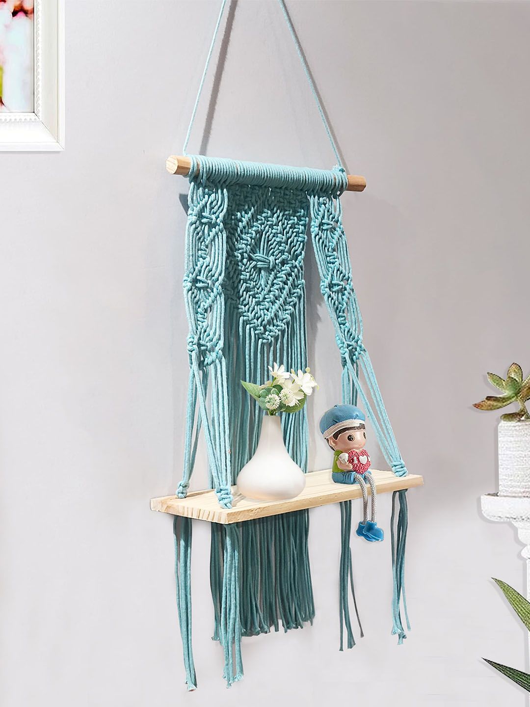 Homesake Turquoise Blue Macrame Hanging Wall Shelf With 3-Tier Floating Wooden Planks