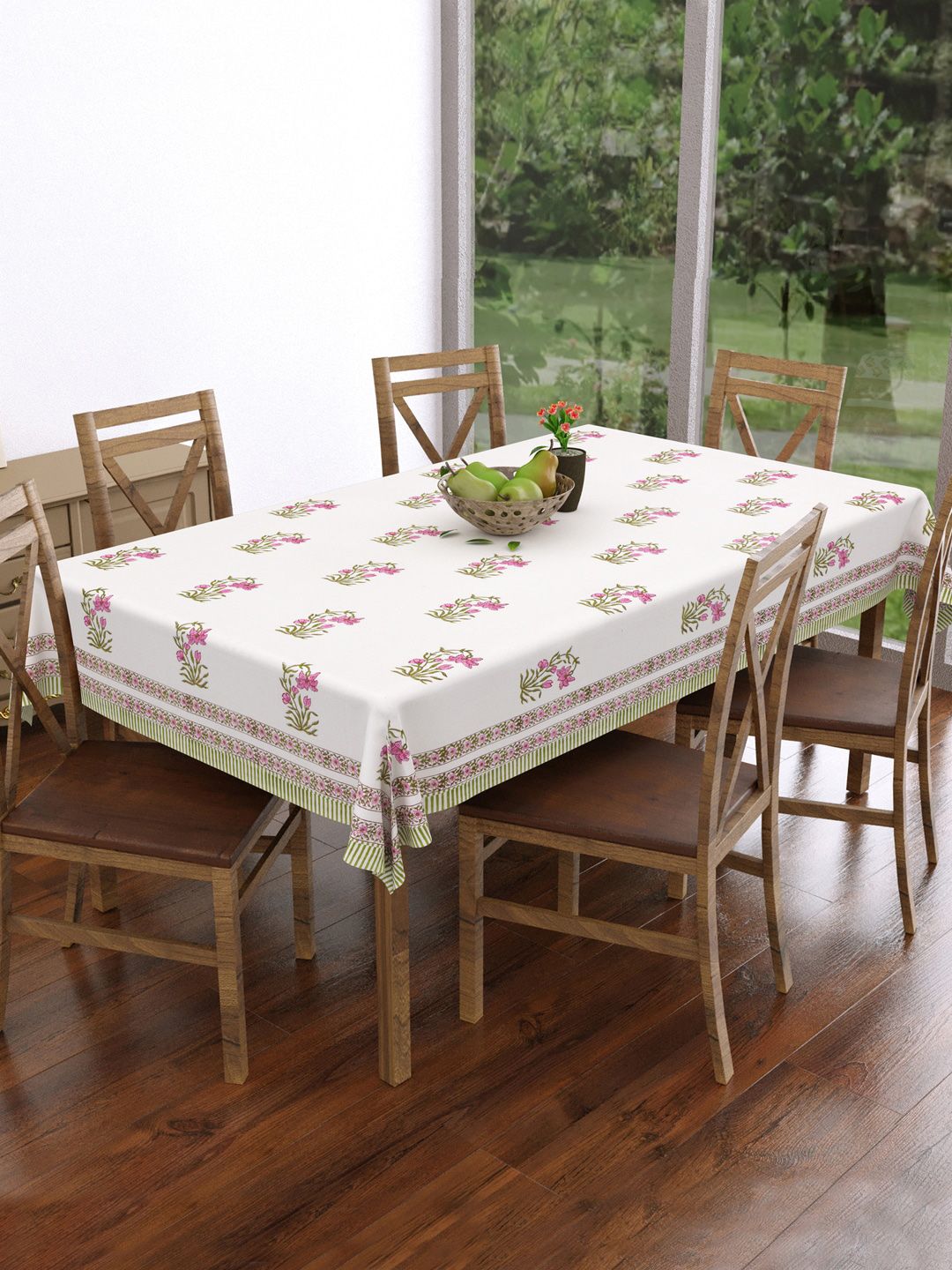 BLOCKS OF INDIA White & Pink Block Print Pure Cotton Rectangular 6 Seater Table Cover-picture-15