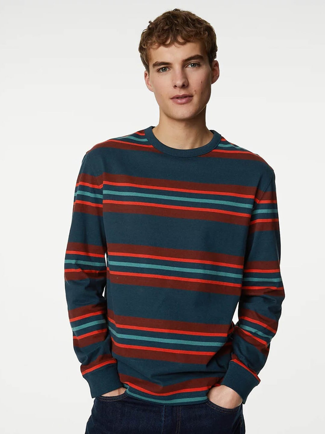 Marks & Spencer Striped Round Neck Pure Cotton T-Shirt