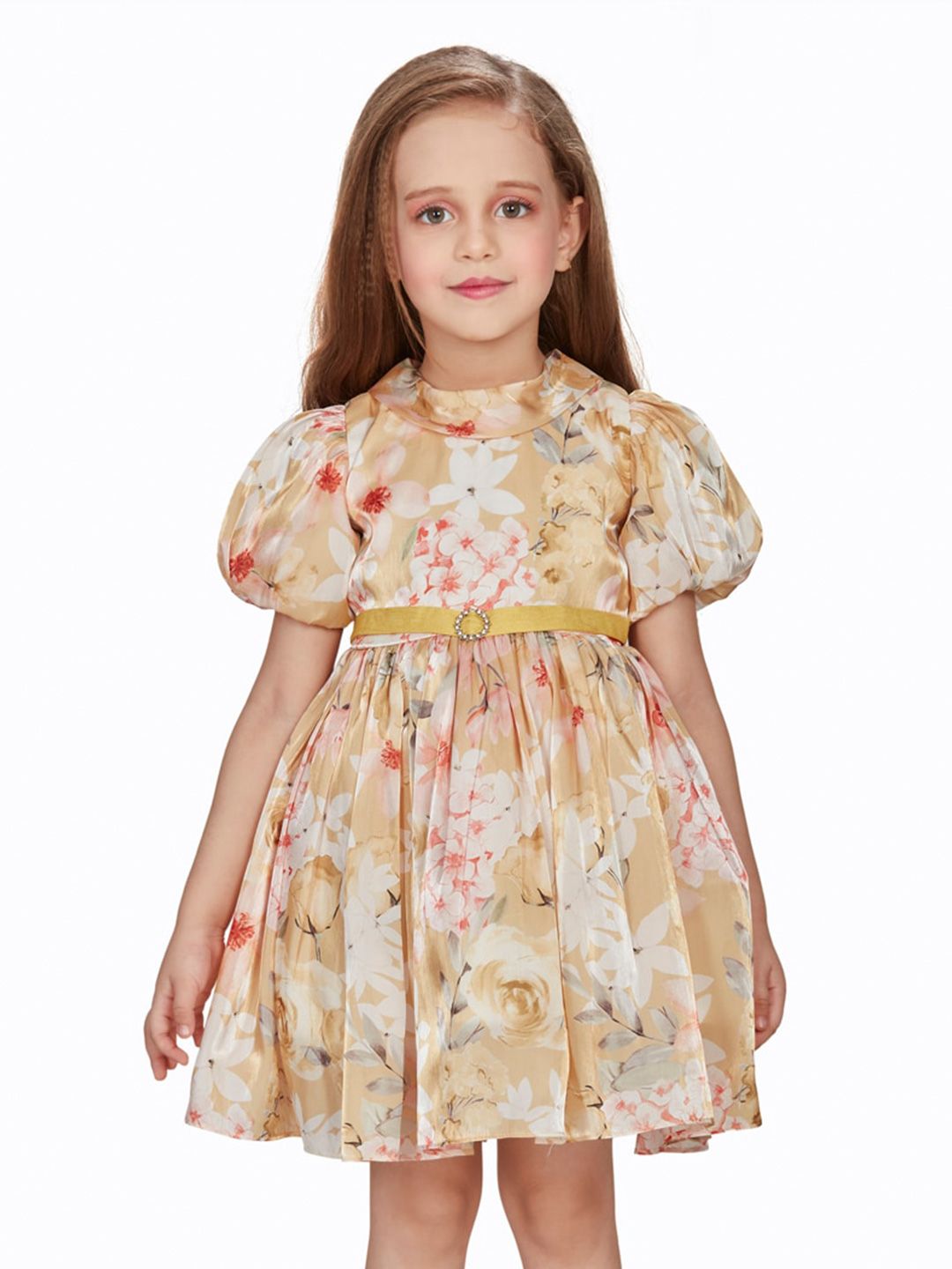Peppermint Girls Floral Printed Puff Sleeves Satin Fit & Flare Dress-picture-12