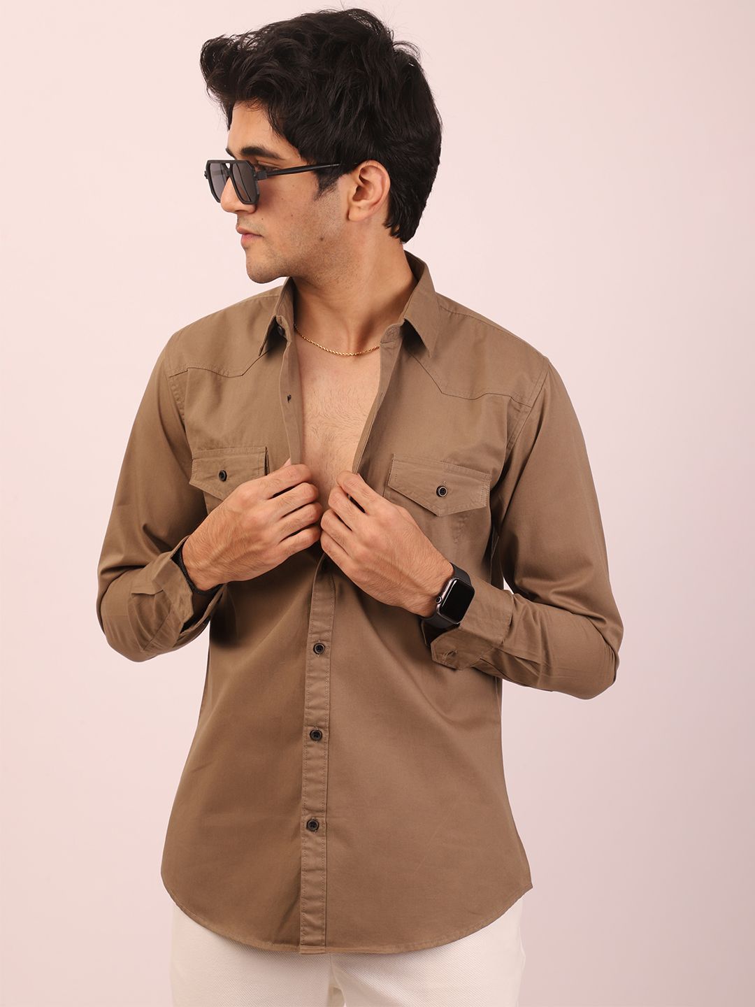 DEZANO Double Pocket Twill Relaxed Cotton Casual Shirt
