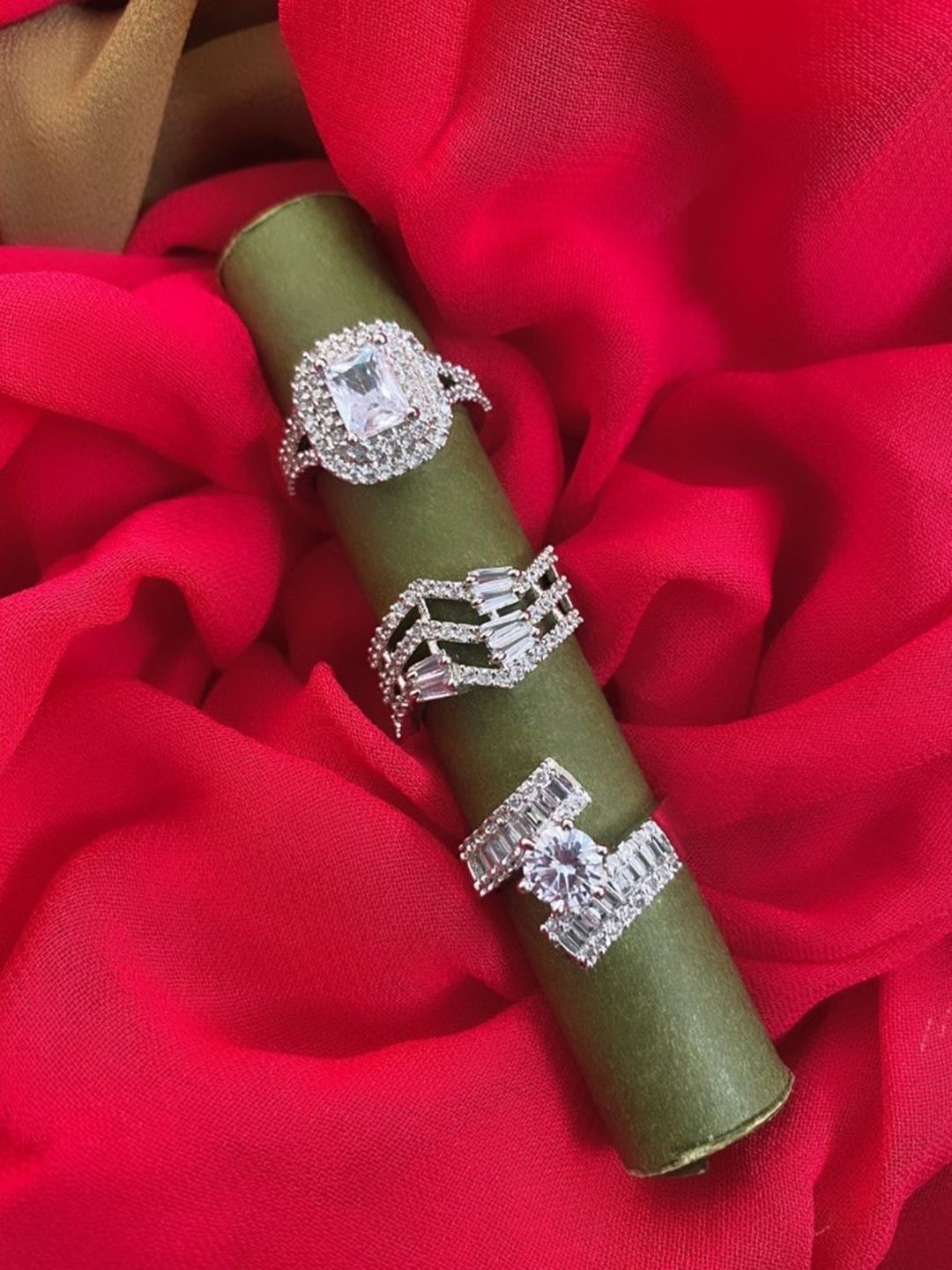 ATIBELLE Set of 3 Rhodium-Plated CZ-Studded Finger Rings