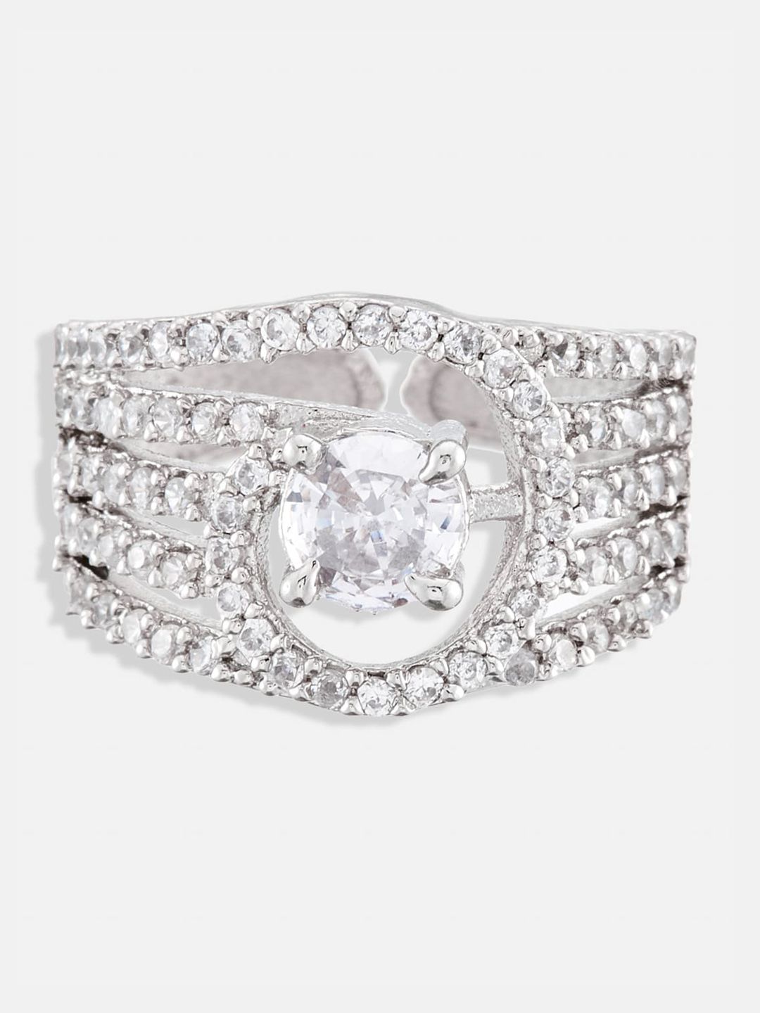 ATIBELLE Set Of 3 Silver-Plated CZ Stone-Studded Layered Adjustable Finger Rings