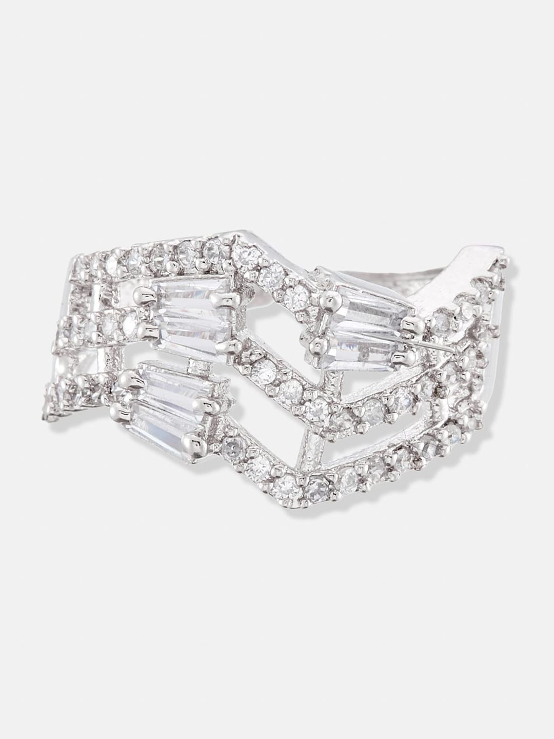ATIBELLE Set Of 3 Silver-Plated CZ Stone-Studded Layered Adjustable Finger Rings
