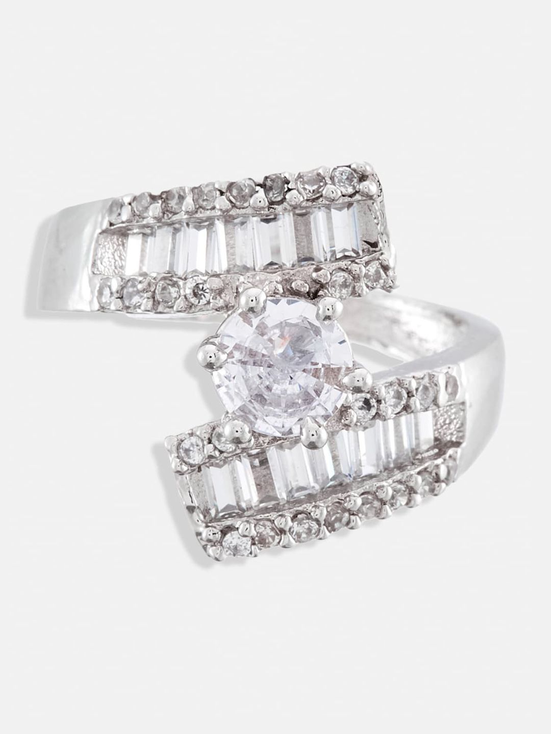ATIBELLE Set Of 3 Silver-Plated CZ Stone-Studded Layered Adjustable Finger Rings