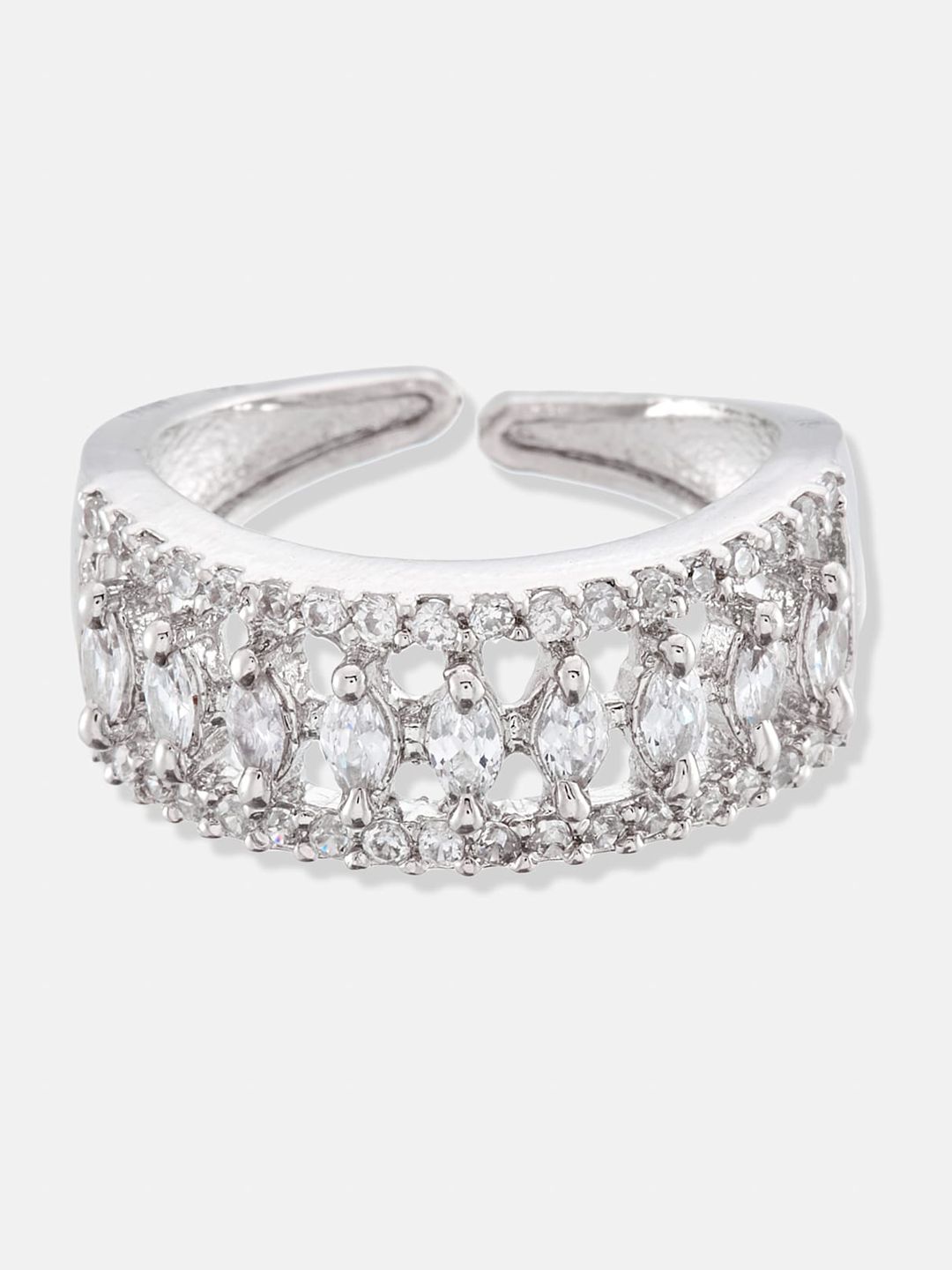 ATIBELLE Set of 3 Gold & Silver Plated Floral CZ-Stone-Studded Adjustable Finger Rings