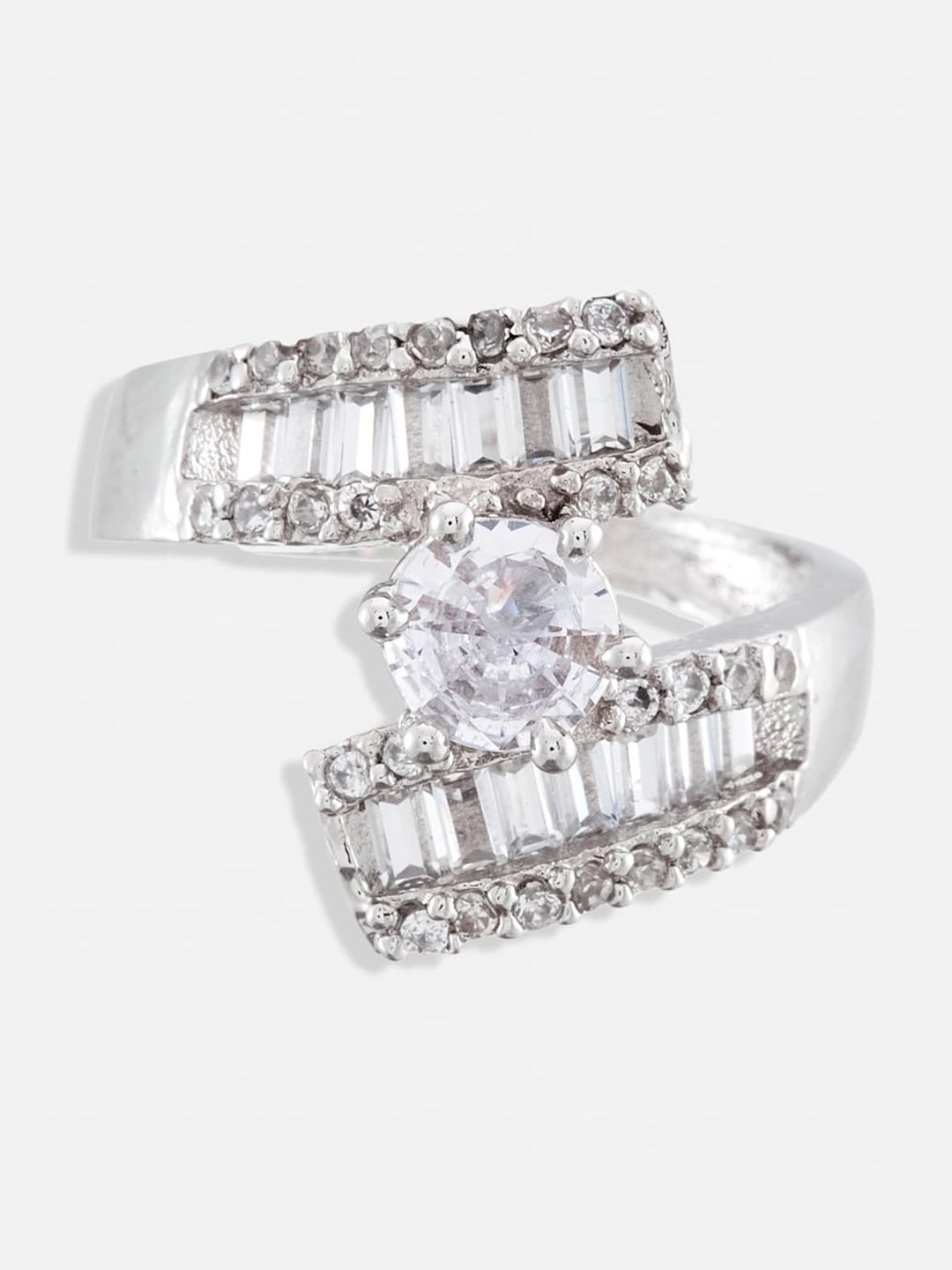ATIBELLE Set of 3 Gold & Silver Plated Floral CZ-Stone-Studded Adjustable Finger Rings