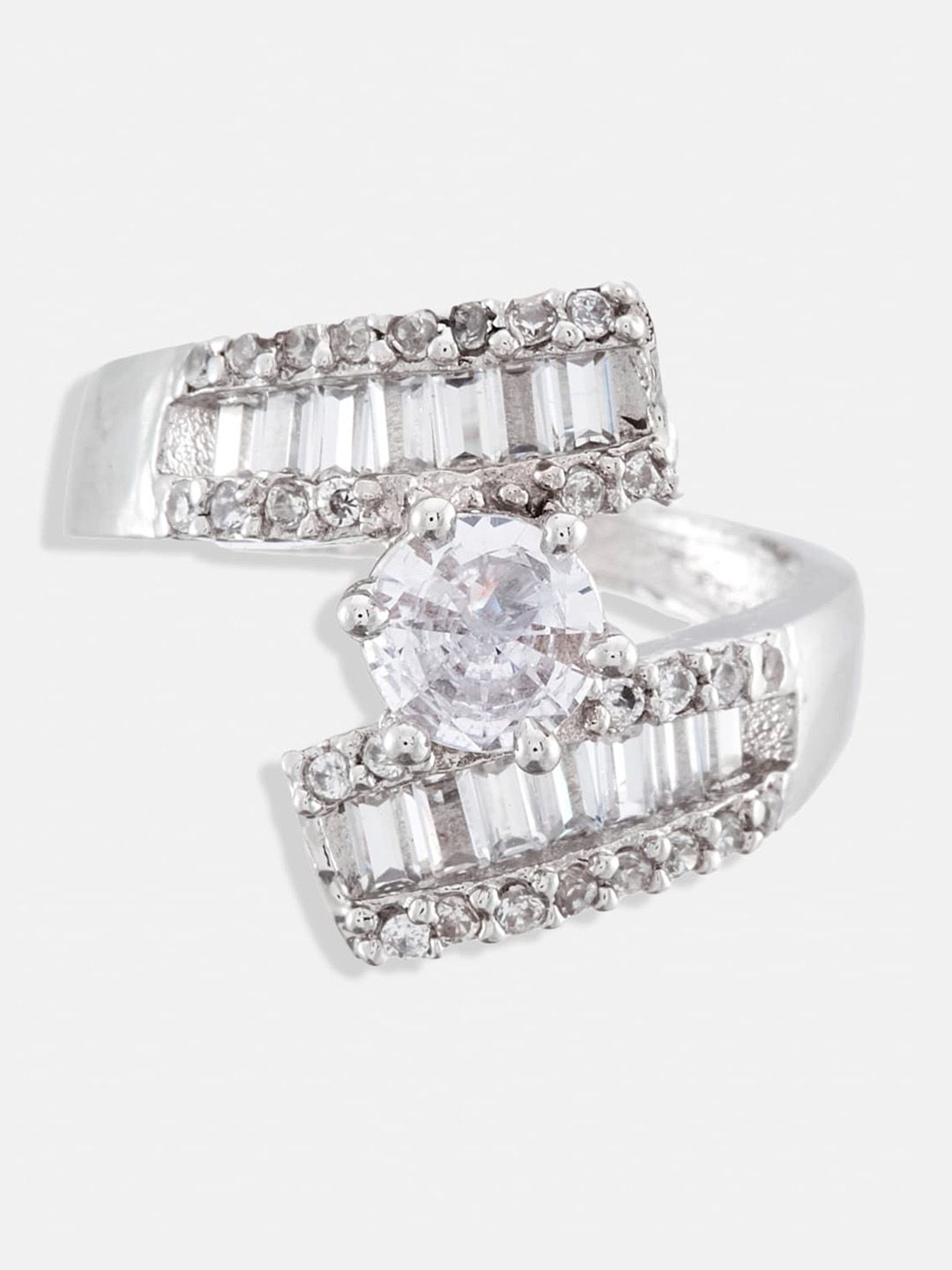 ATIBELLE Set Of 2 Gold-Plated & Silver-Plated Cubic Zirconia Studded Finger Rings