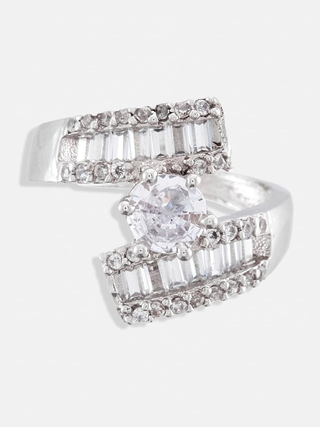 ATIBELLE Set Of 3 Gold And Silver Plated Cubic Zirconia Studded Floral Finger Rings