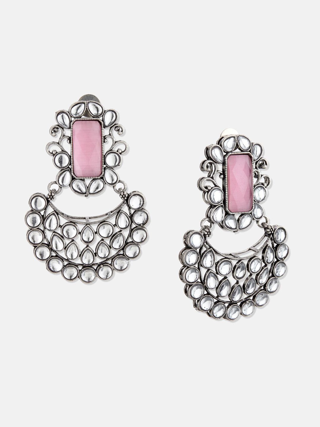 ATIBELLE Silver Plated German Silver Kundan Stone Studded Chandbalis Earrings