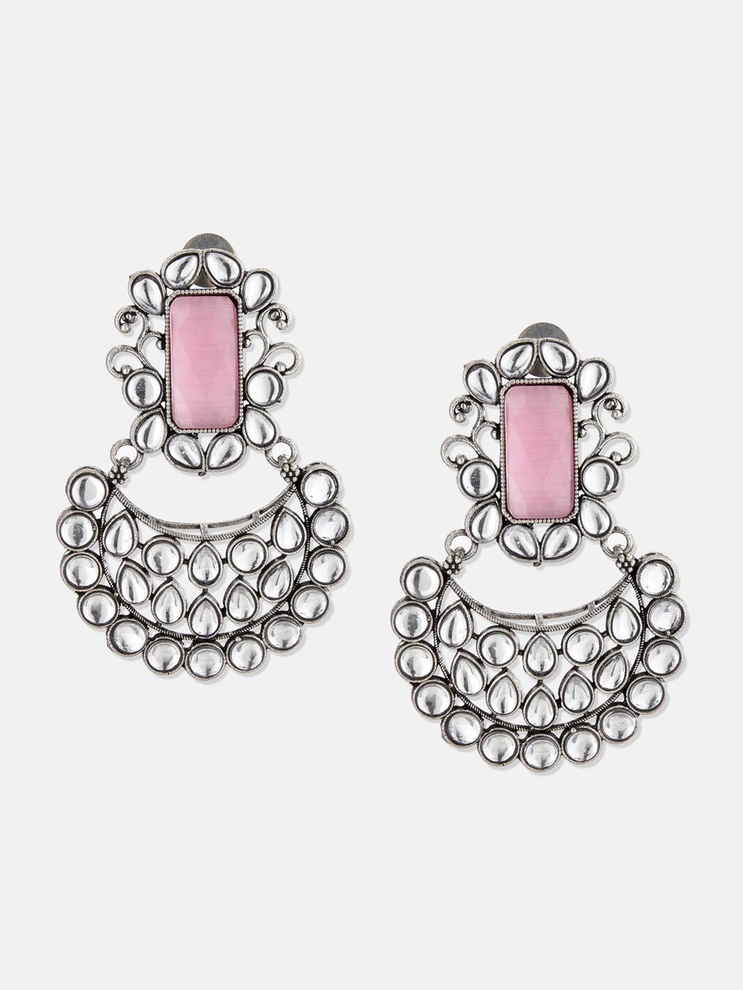 ATIBELLE Silver Plated German Silver Kundan Stone Studded Chandbalis Earrings