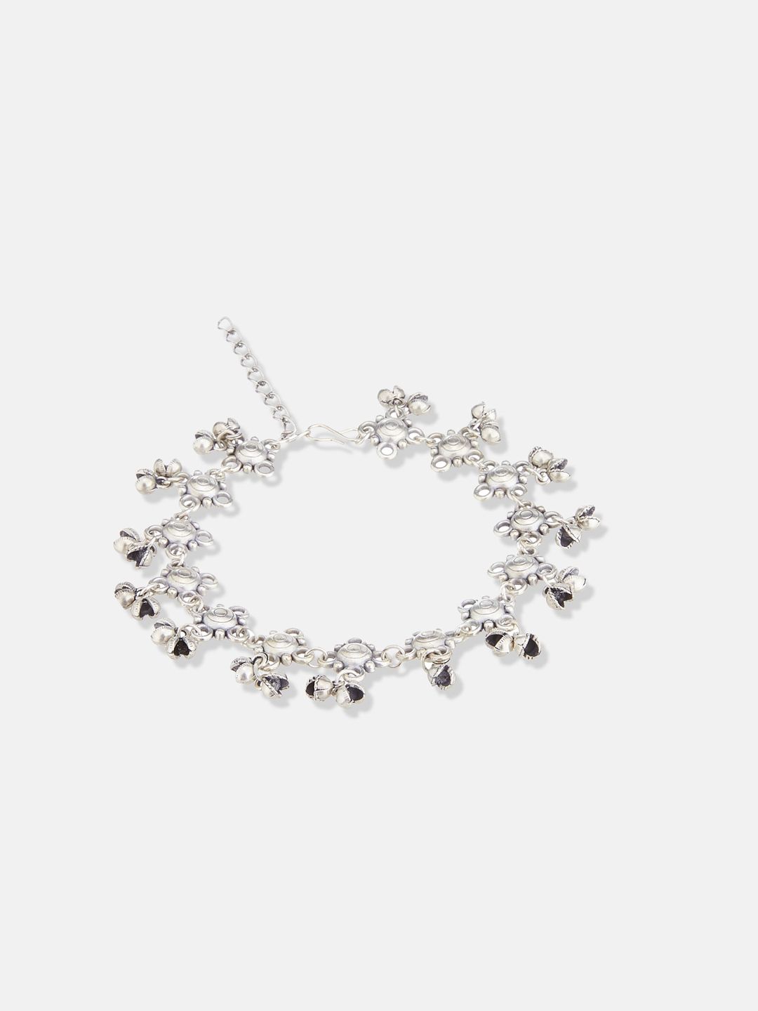 ATIBELLE Set Of 2 Silver-Plated & Floral Shaped Ghunghroo Studded Anklets