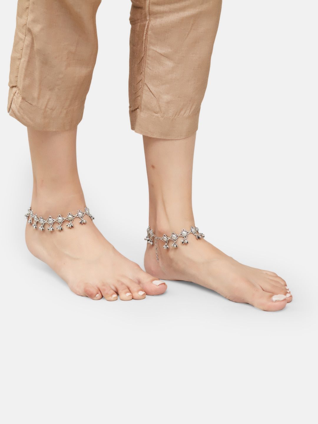 ATIBELLE Set Of 2 Silver-Plated & Floral Shaped Ghunghroo Studded Anklets